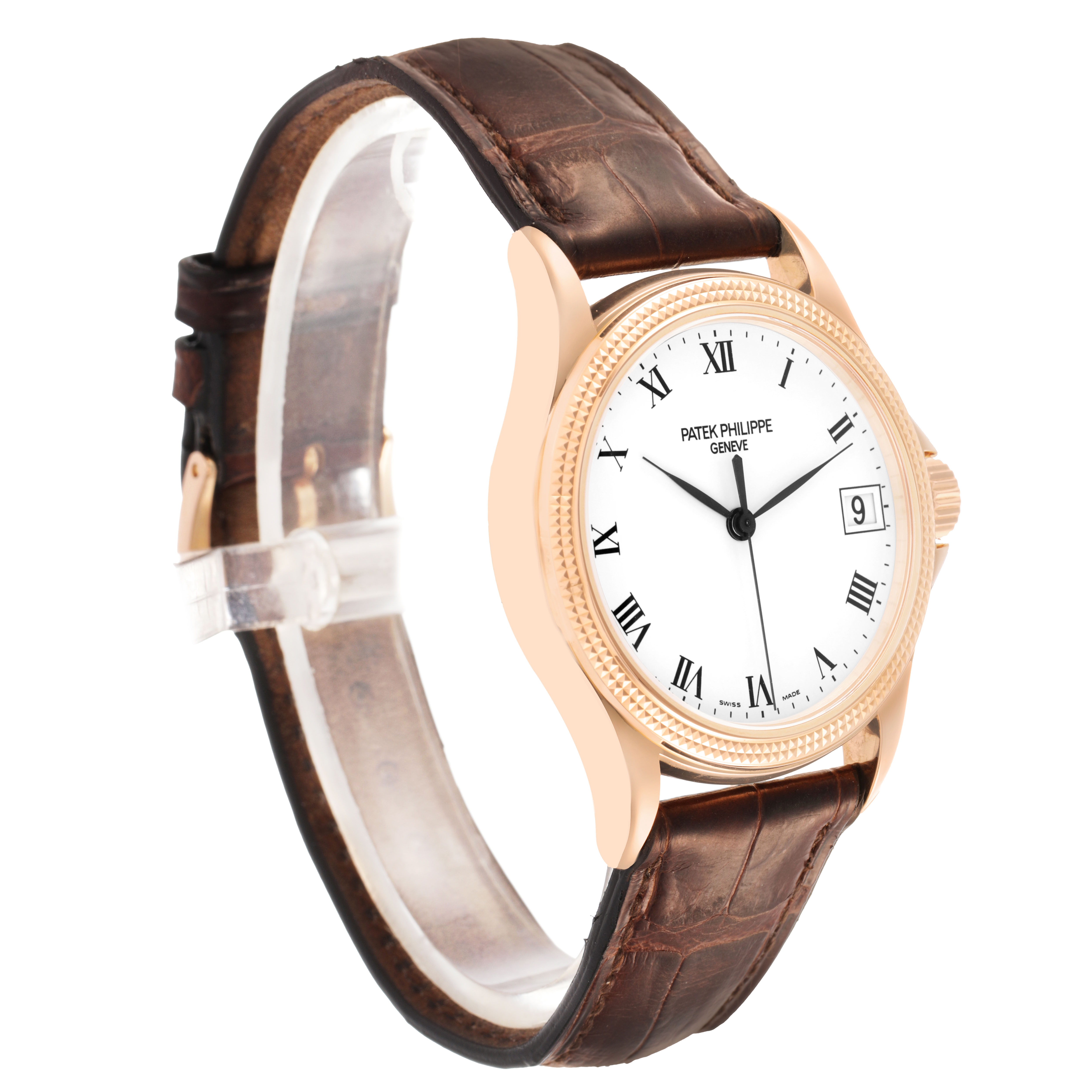 The Patek Philippe Calatrava 5117R-001 Men's Rose Gold White Dial watch is shown at a three-quarter angle, highlighting the dial, bezel, and leather strap.