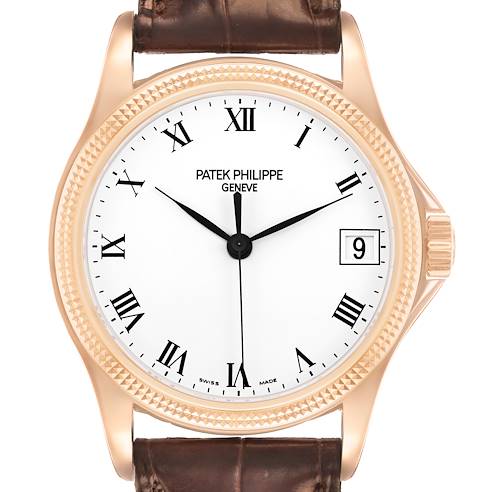 The image shows a frontal view of the Patek Philippe Calatrava 5117R-001 Men's Rose Gold White Dial watch, highlighting its dial, bezel, crown, and leather strap.