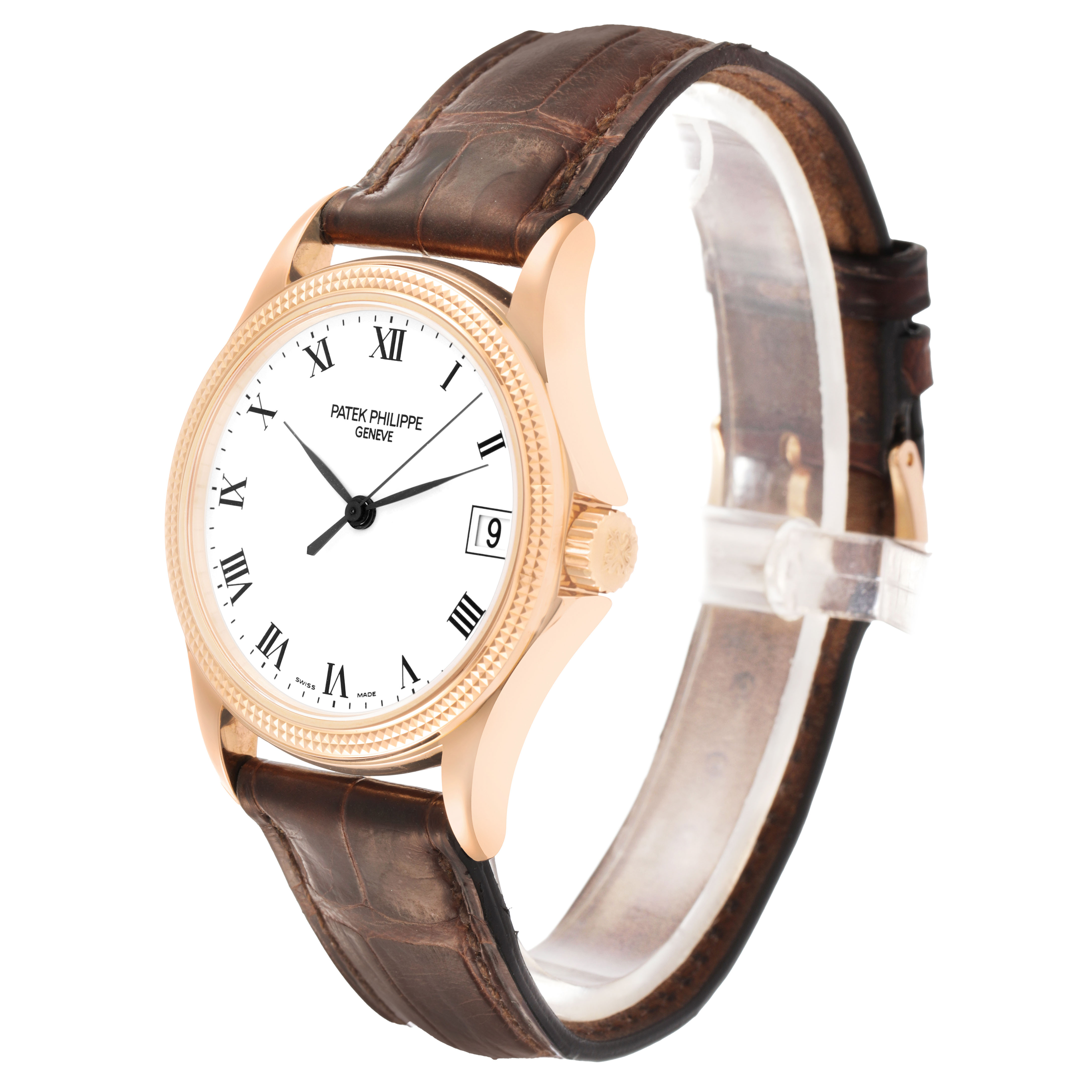 The Patek Philippe Calatrava 5117R-001 Men's Rose Gold White Dial watch is shown at a three-quarter angle, highlighting its face, bezel, crown, and brown leather strap.