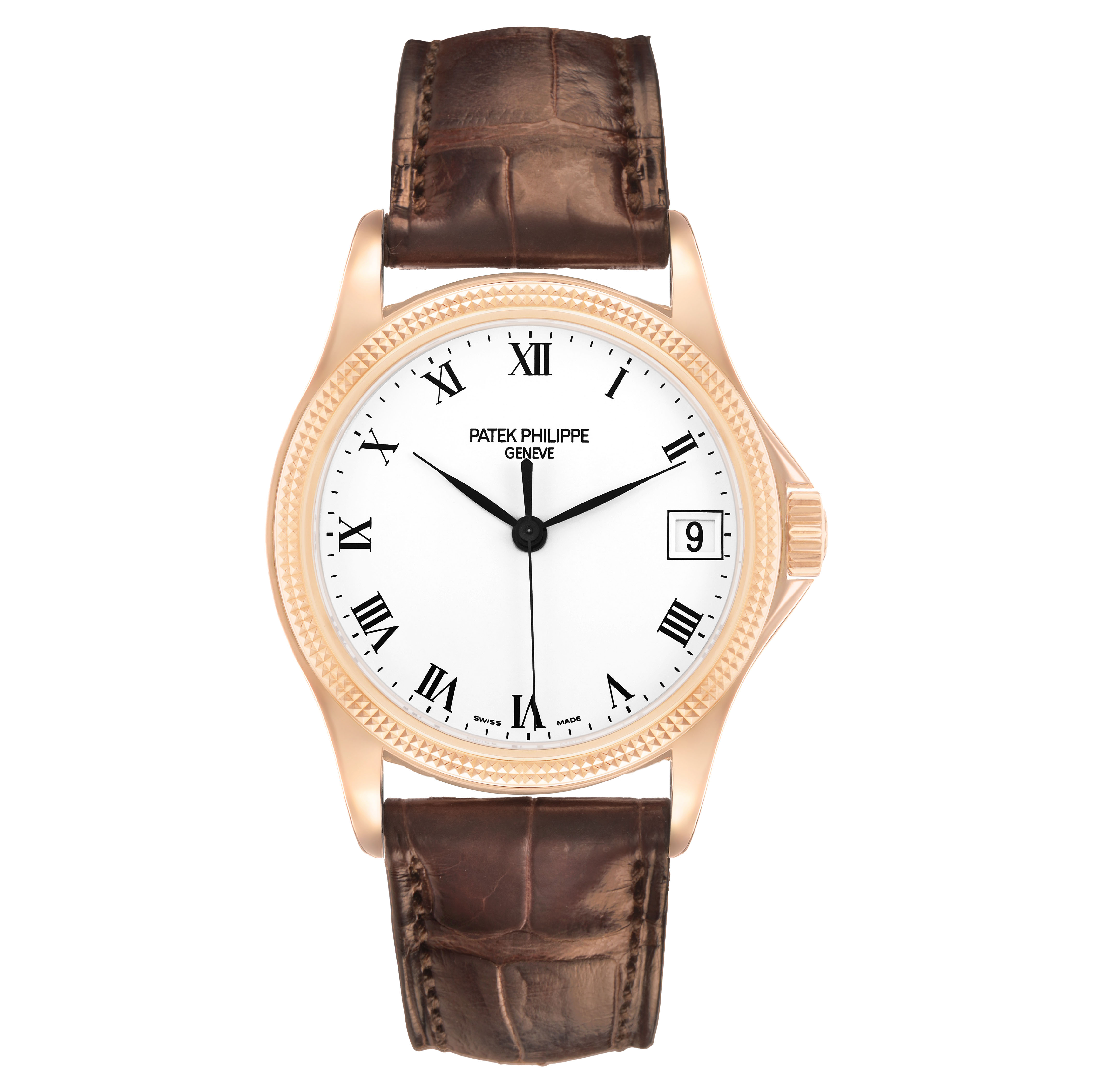 The image shows a front view of a Patek Philippe Calatrava 5117R-001 Men's Rose Gold White Dial watch, featuring its dial, case, and brown leather strap.