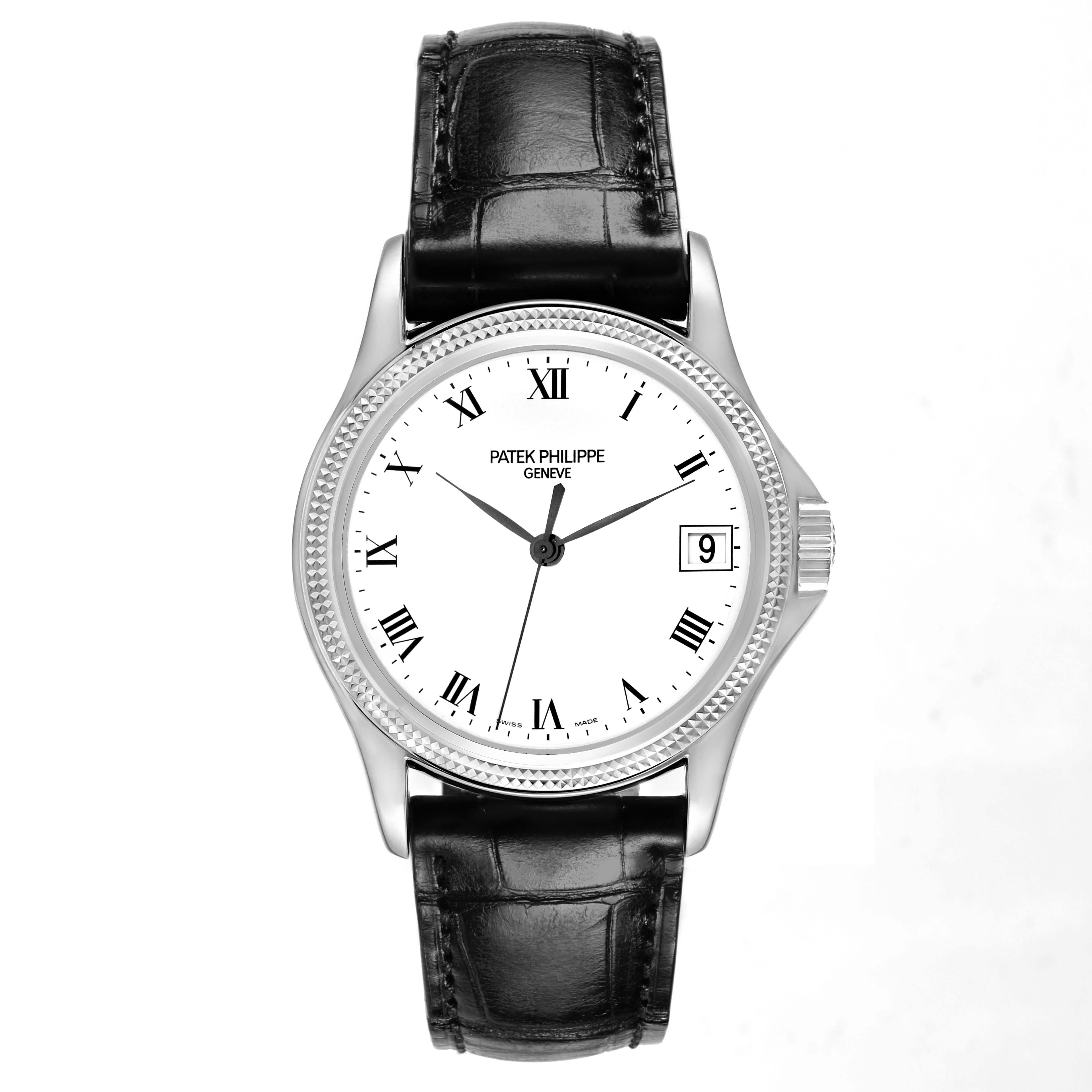 The Patek Philippe Calatrava 5117G Men
s White Gold White Dial watch is shown from a frontal angle, displaying its face, bezel, and leather strap.