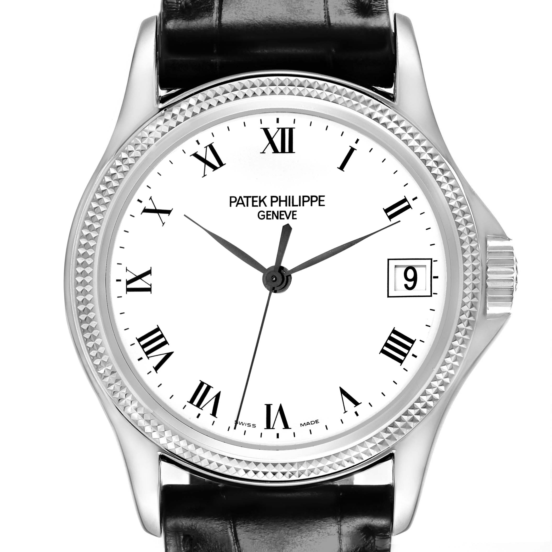 The image shows a front view of a Patek Philippe Calatrava 5117G Men
s White Gold White Dial watch, featuring its dial, bezel, and crown.