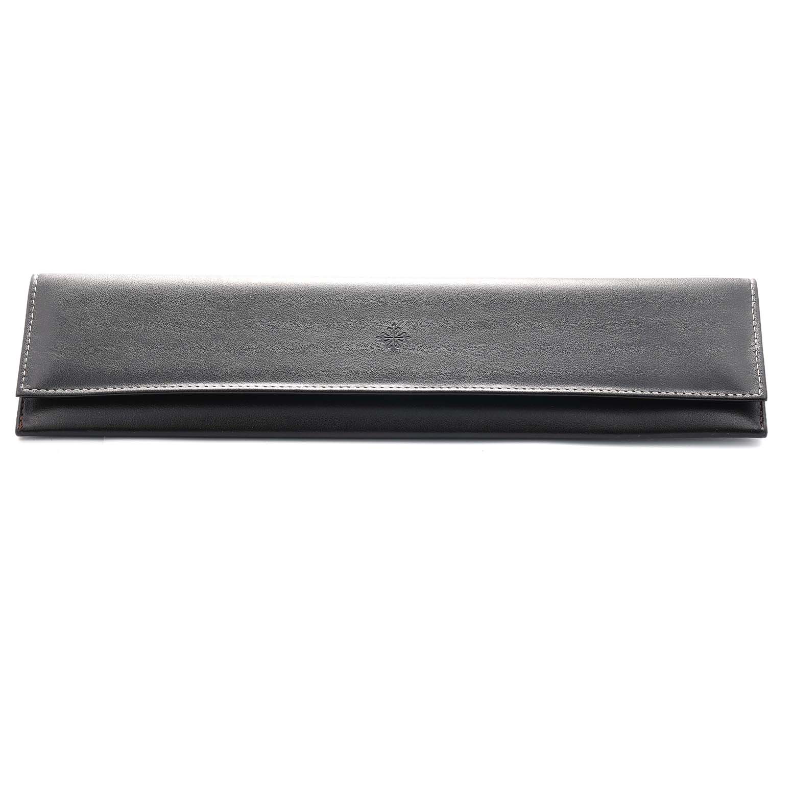 This is a leather accessory for the Patek Philippe Calatrava 5117G Men
s White Gold White Dial, showing a closed, black, leather case with a subtle logo imprint.