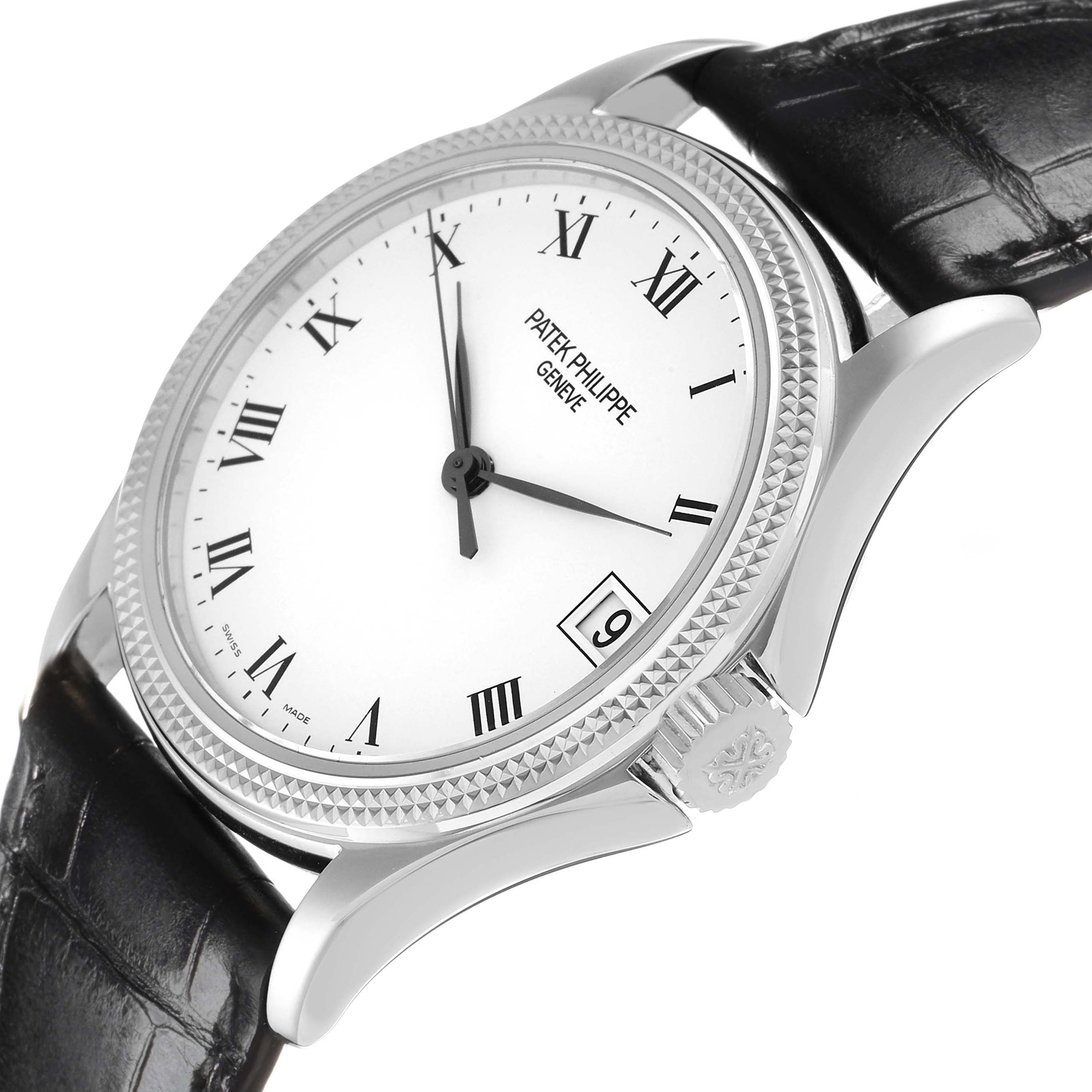 The Patek Philippe Calatrava 5117G Men
s White Gold White Dial watch is shown at an angled side view, displaying the dial, crown, case, and leather strap.