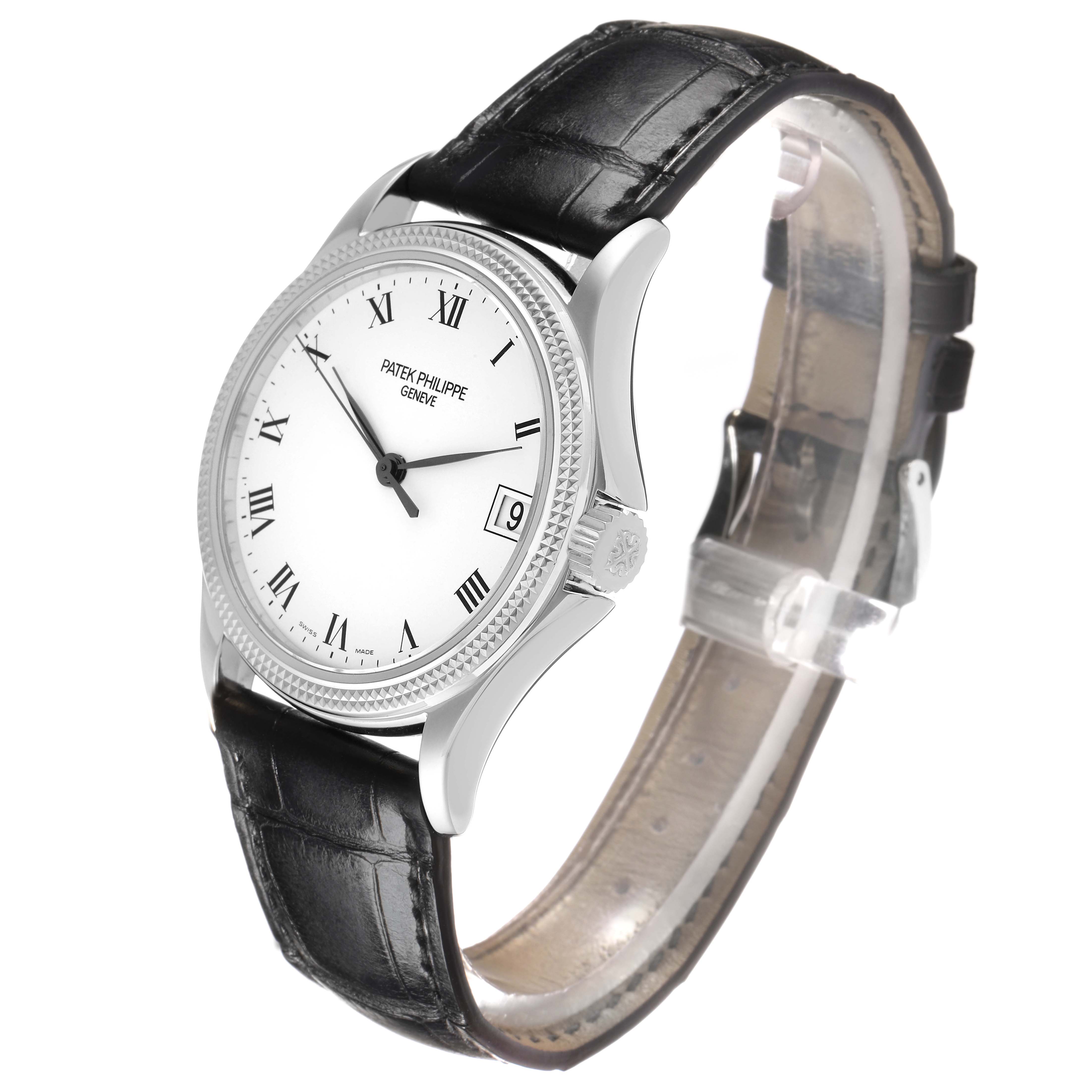 The Patek Philippe Calatrava 5117G Men
s White Gold White Dial watch is shown at a front-side angle, displaying the dial, case, and leather strap.