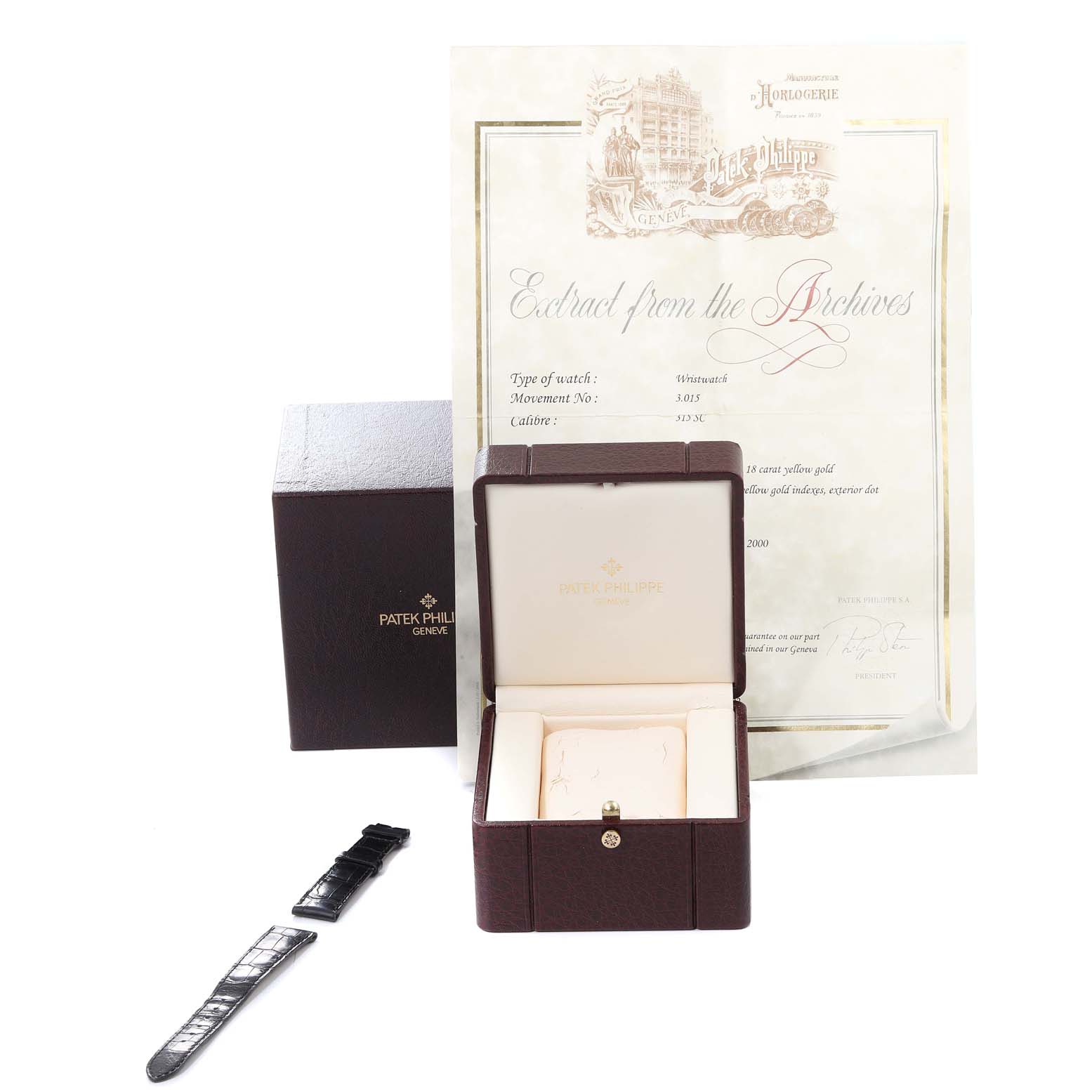 The image shows a Patek Philippe Calatrava 3998J Men's Yellow Gold Silver Dial 3998J Men's Yellow Gold Silver Dial watch box, certificate, and additional leather straps.