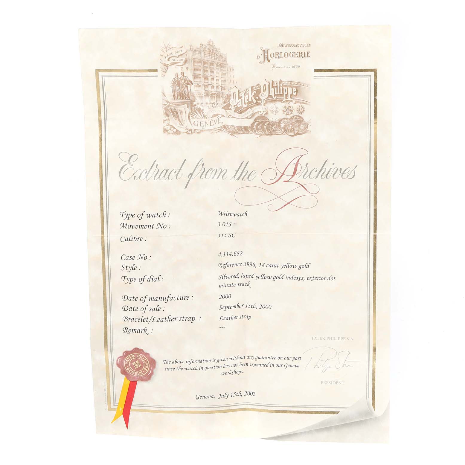 The image shows a Patek Philippe Extract from the Archives for the Calatrava model, listing details such as movement, case number, and date of manufacture.