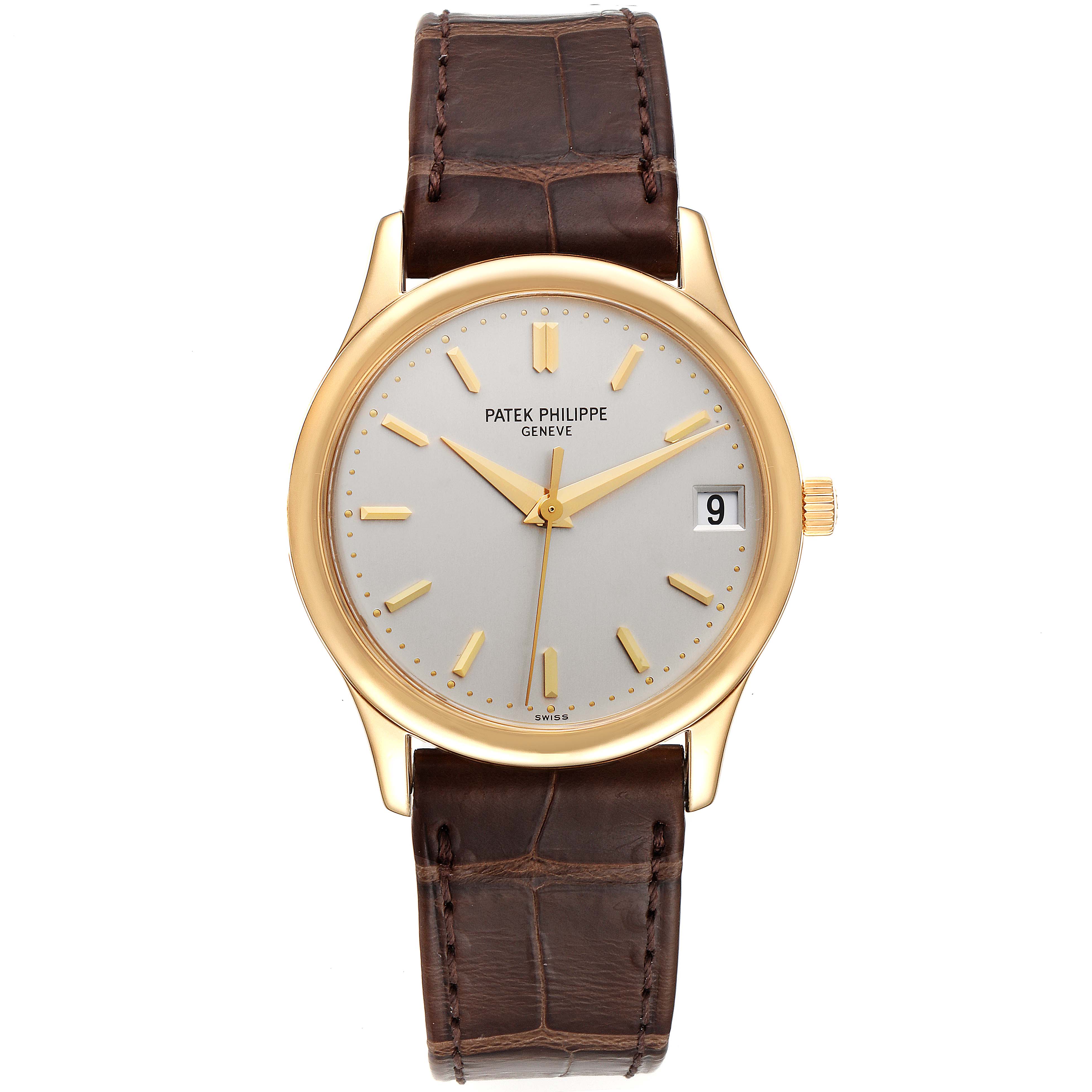 The image shows a front view of a Patek Philippe Calatrava 3998J Men's Yellow Gold Silver Dial 3998J Men's Yellow Gold Silver Dial watch with a brown leather strap and gold case.
