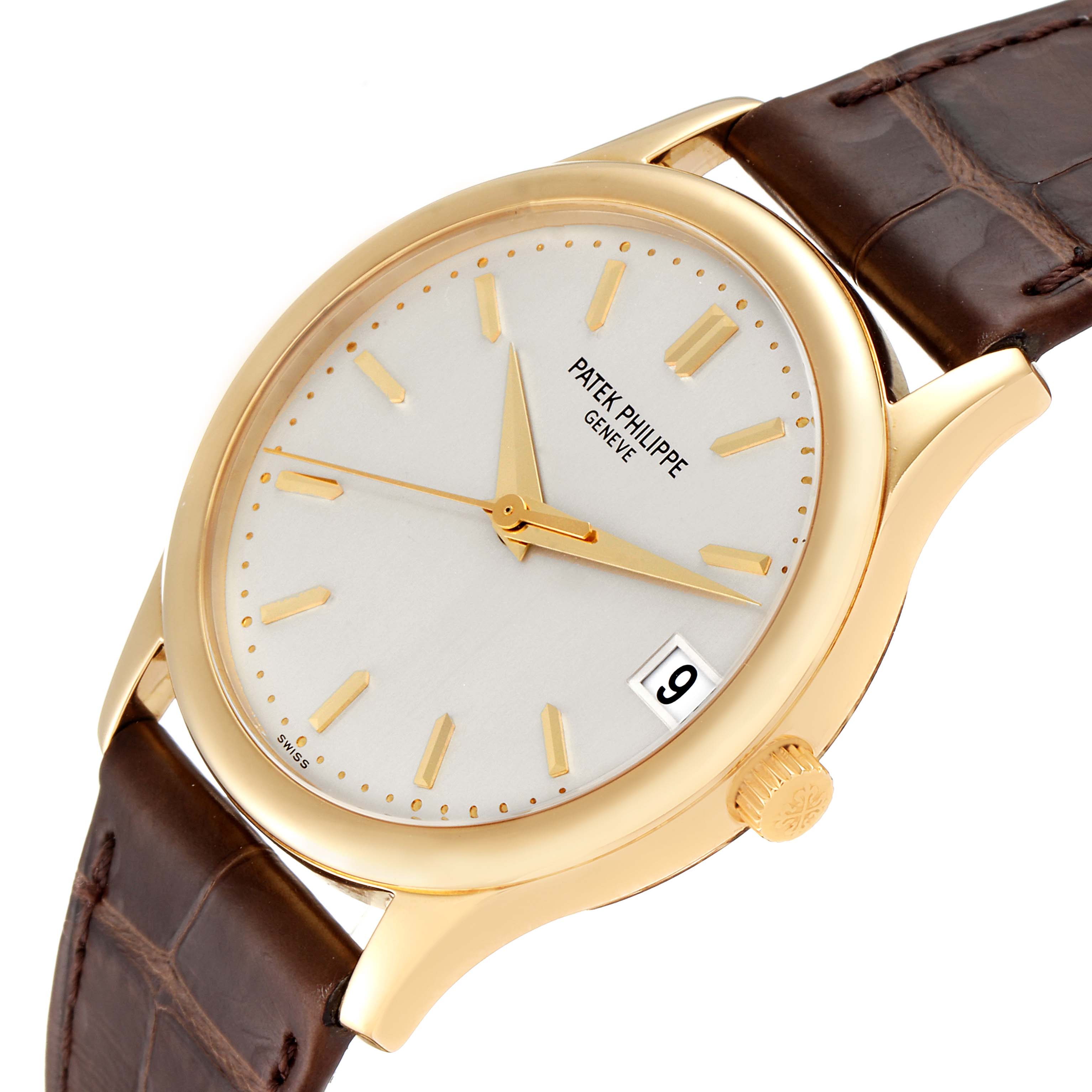 The image shows a Patek Philippe Calatrava 3998J Men's Yellow Gold Silver Dial 3998J Men's Yellow Gold Silver Dial watch at a three-quarter angle, highlighting the dial, bezel, crown, and leather strap.