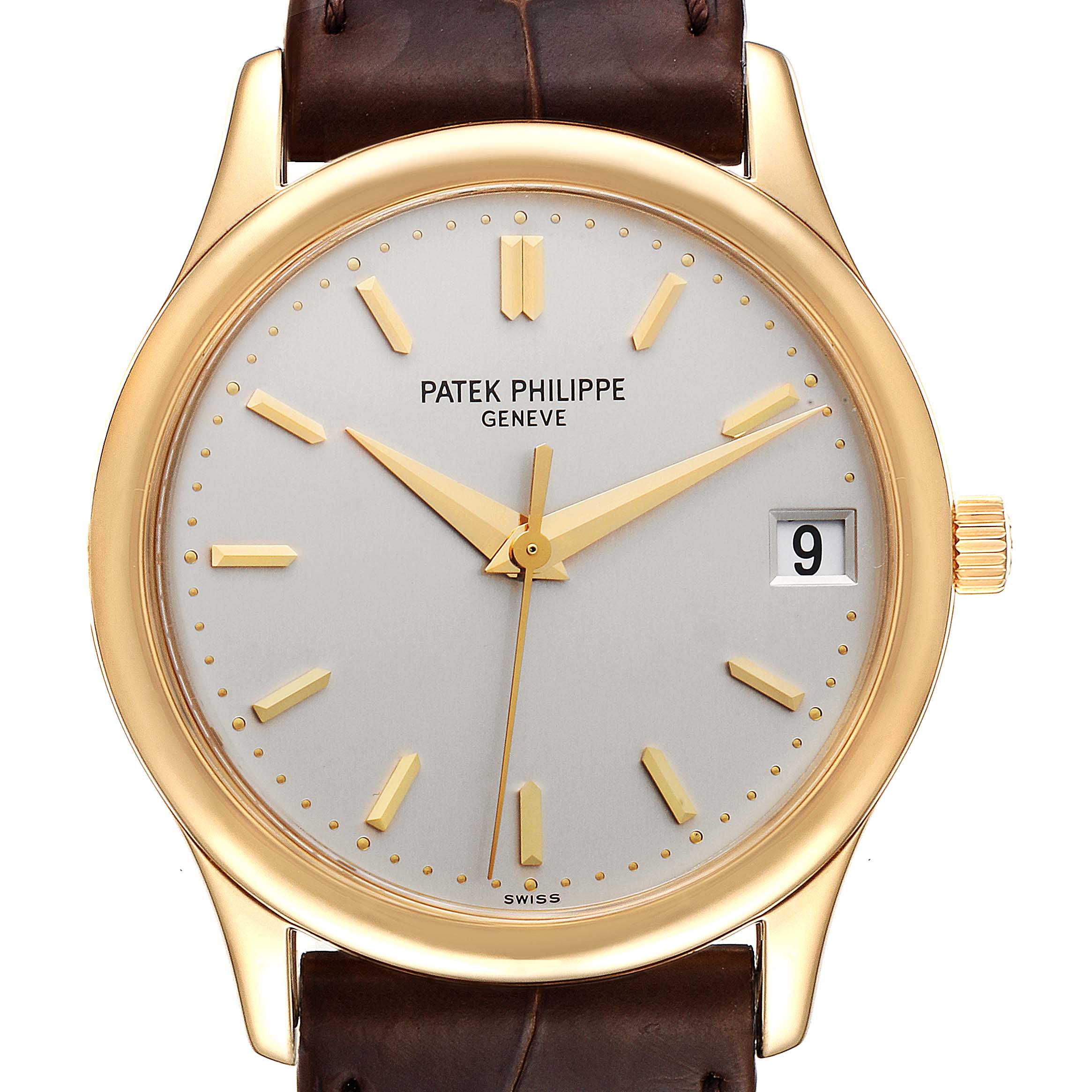 The image shows a front view of a Patek Philippe Calatrava 3998J Men's Yellow Gold Silver Dial 3998J Men's Yellow Gold Silver Dial watch, displaying the dial, hands, date window, and part of the leather strap.