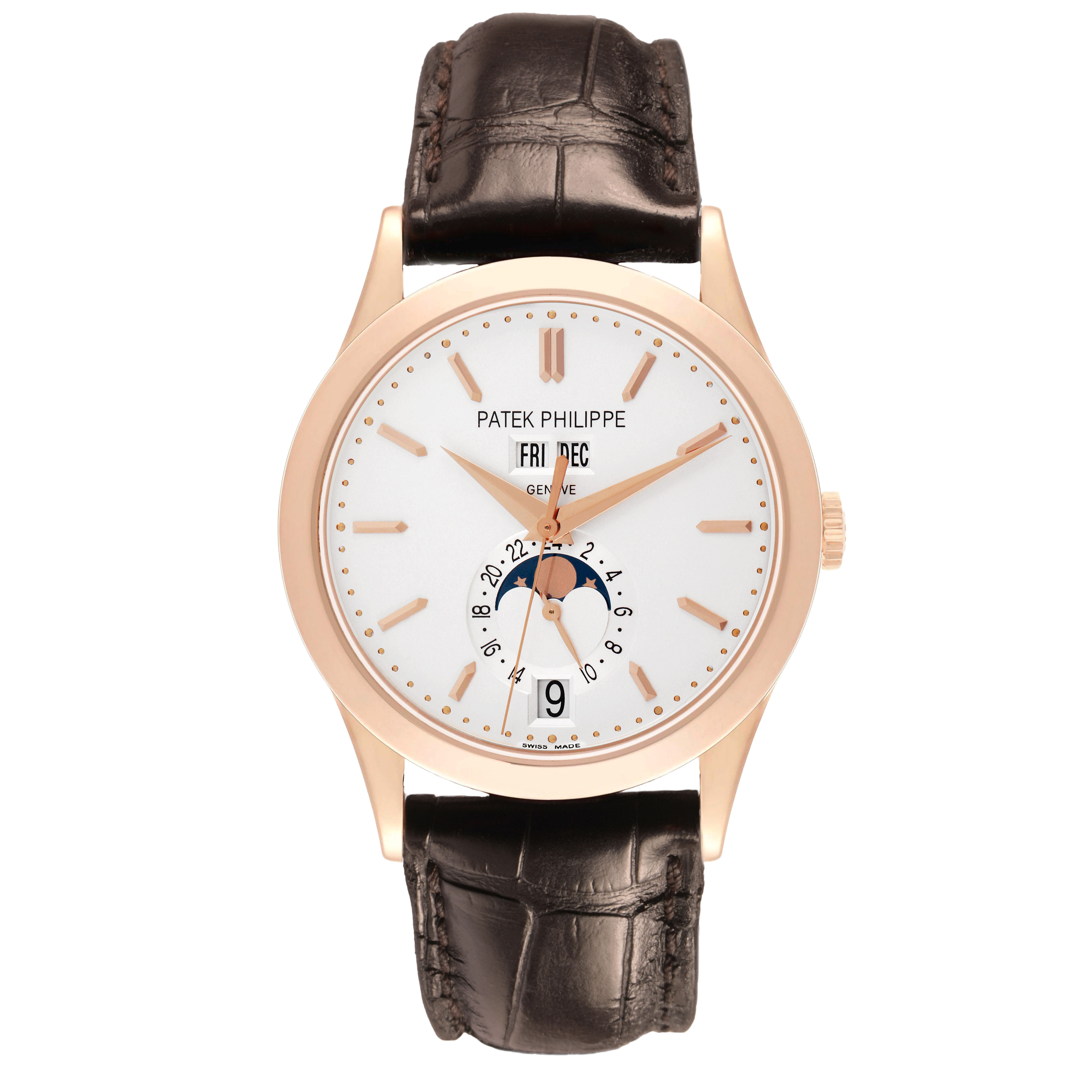 The Patek Philippe Complications 5396R-001 Men's Rose Gold Silver Dial watch is shown from a front angle, displaying the dial, hands, date, and moon phase features.