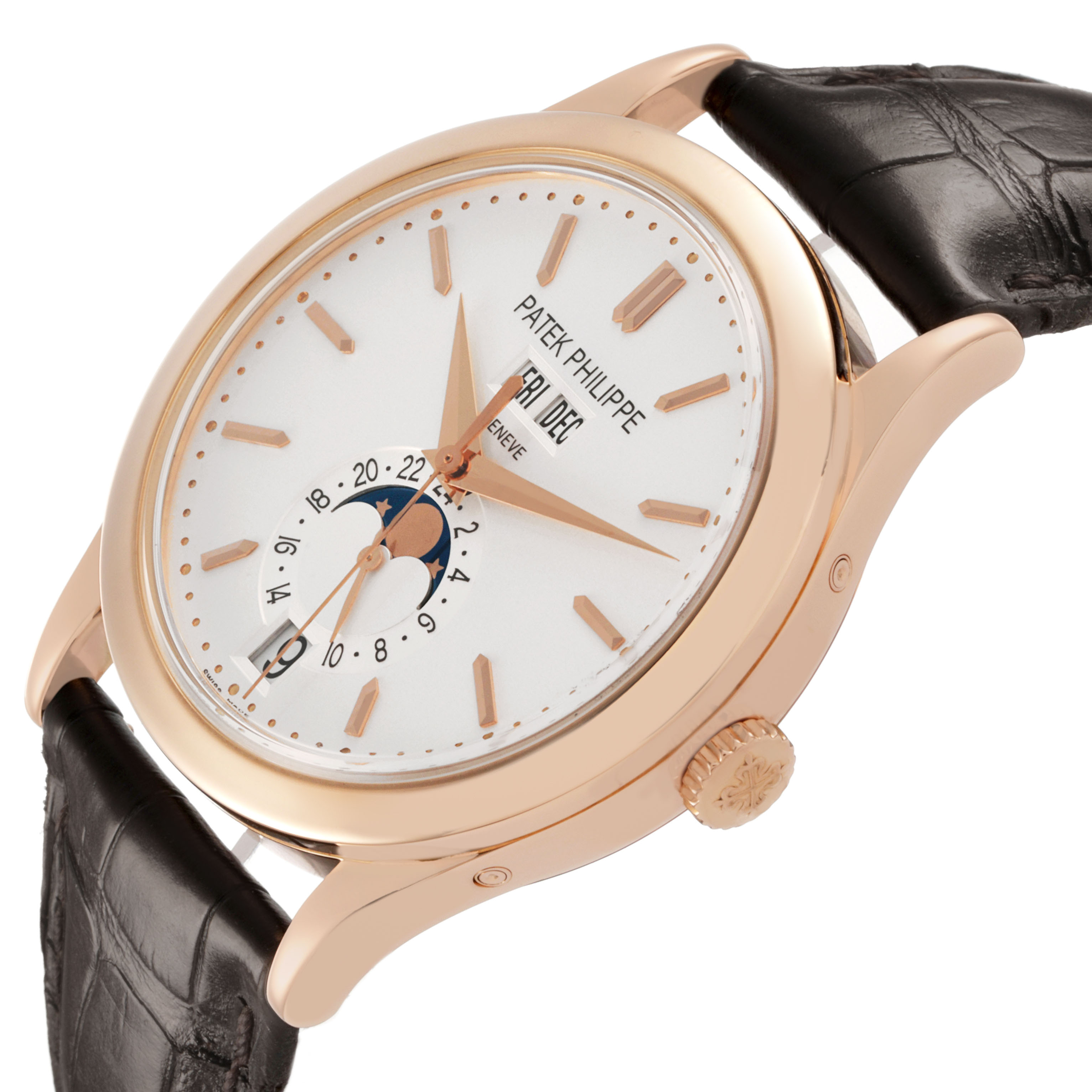 The Patek Philippe Complications 5396R-001 Men's Rose Gold Silver Dial watch is shown at a slight side angle, displaying the face, moon phase, crown, and strap.
