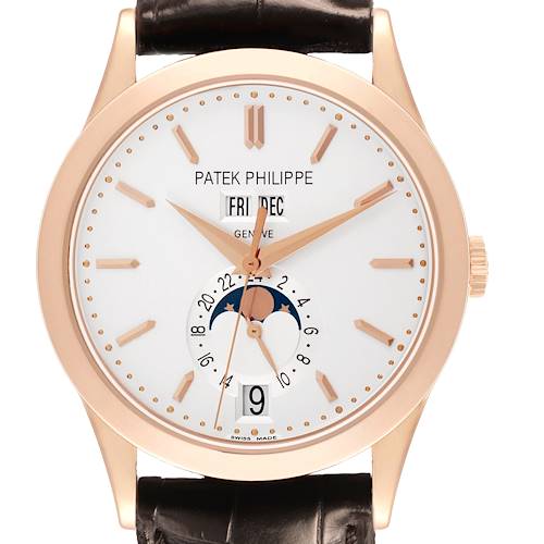 The Patek Philippe Complications 5396R-001 Men's Rose Gold Silver Dial model is shown from a front angle, highlighting the dial, hands, and leather strap.