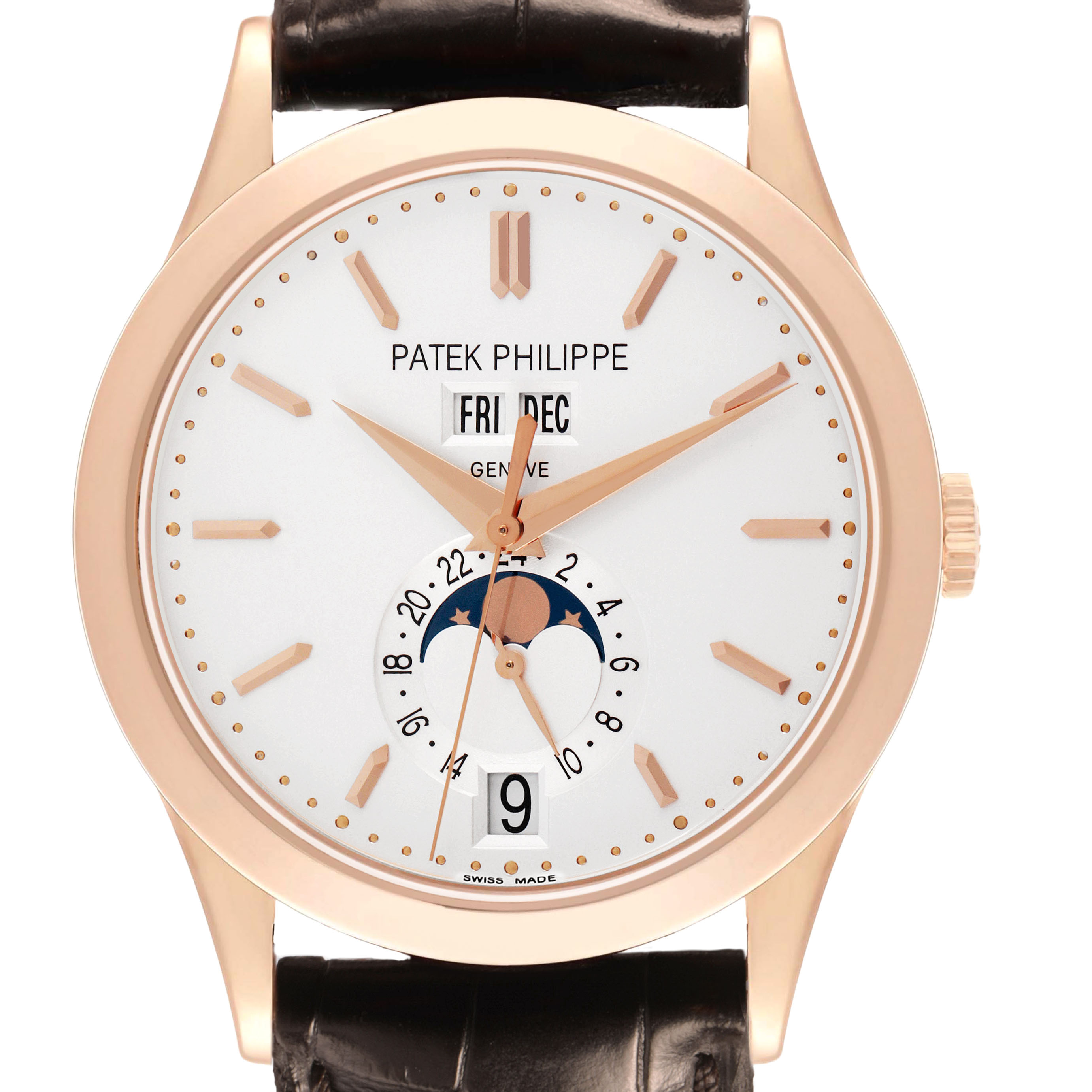 The Patek Philippe Complications 5396R-001 Men's Rose Gold Silver Dial watch is shown face-on, displaying the dial, hands, and calendar features.