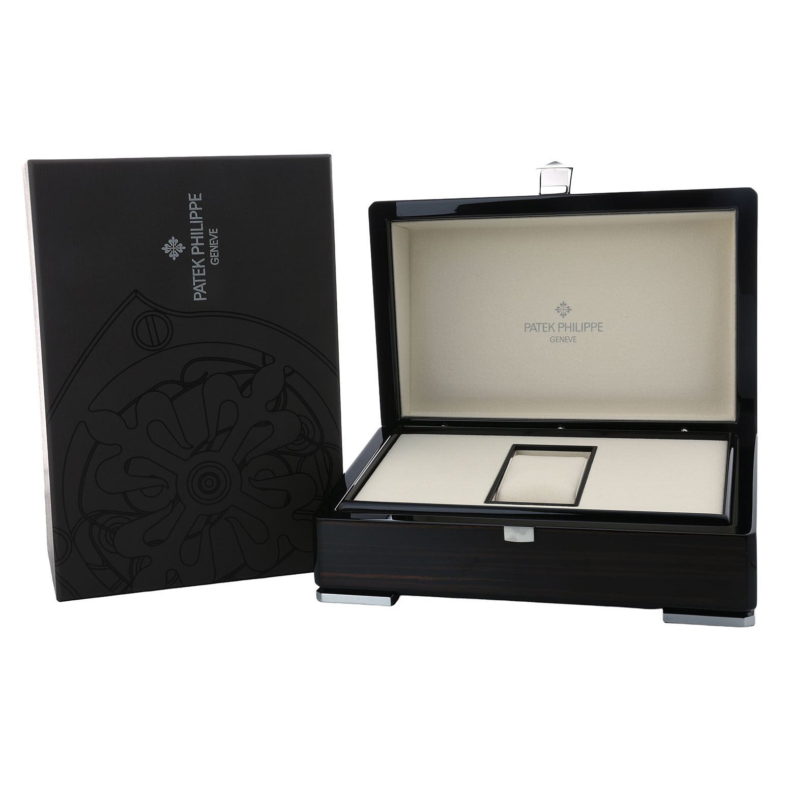 The image shows an open Patek Philippe Complications 5396R-001 Men's Rose Gold Silver Dial watch box with its outer packaging, from a front angle.