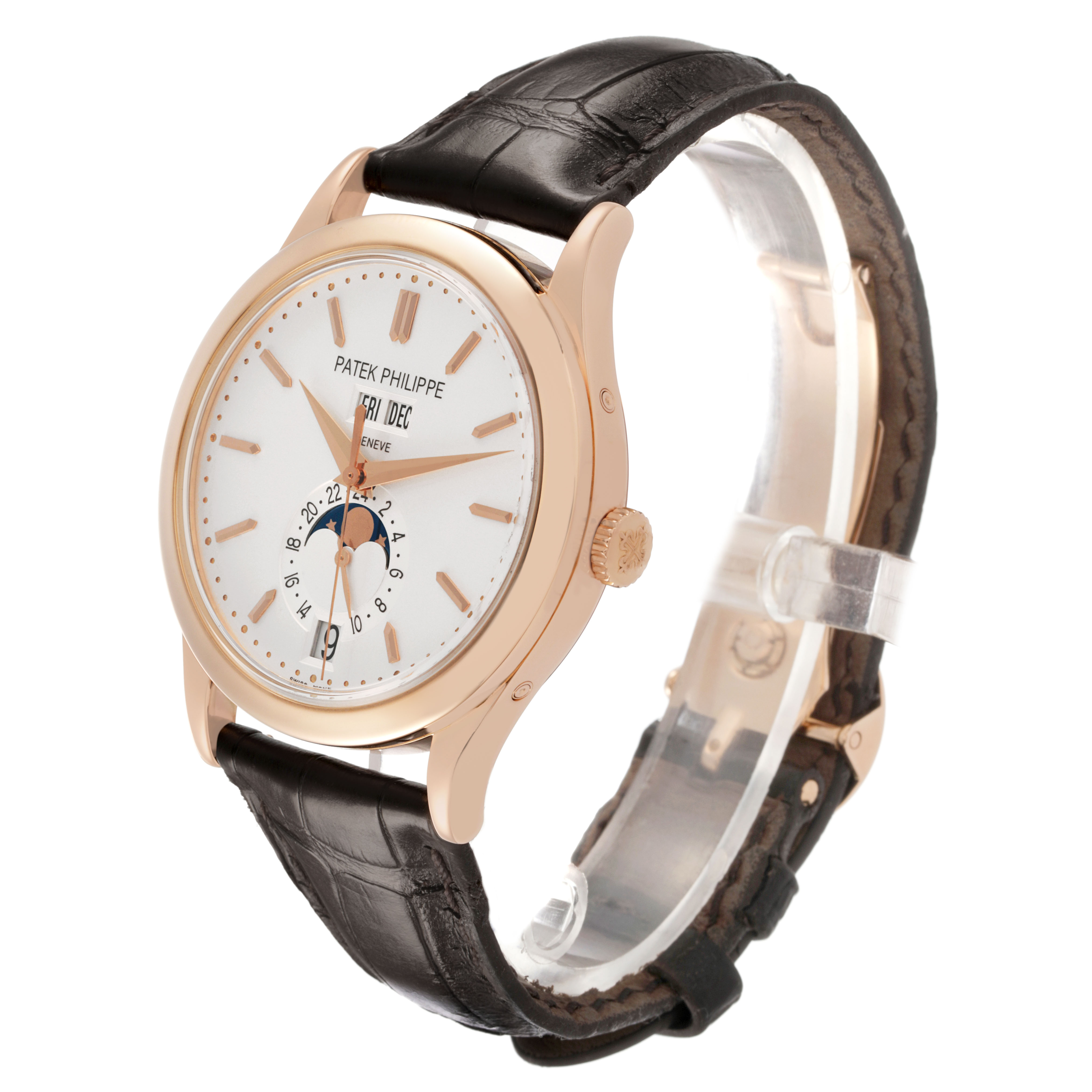 The Patek Philippe Complications 5396R-001 Men's Rose Gold Silver Dial watch is shown at a three-quarter angle, displaying the face, side profile, and crocodile leather strap.