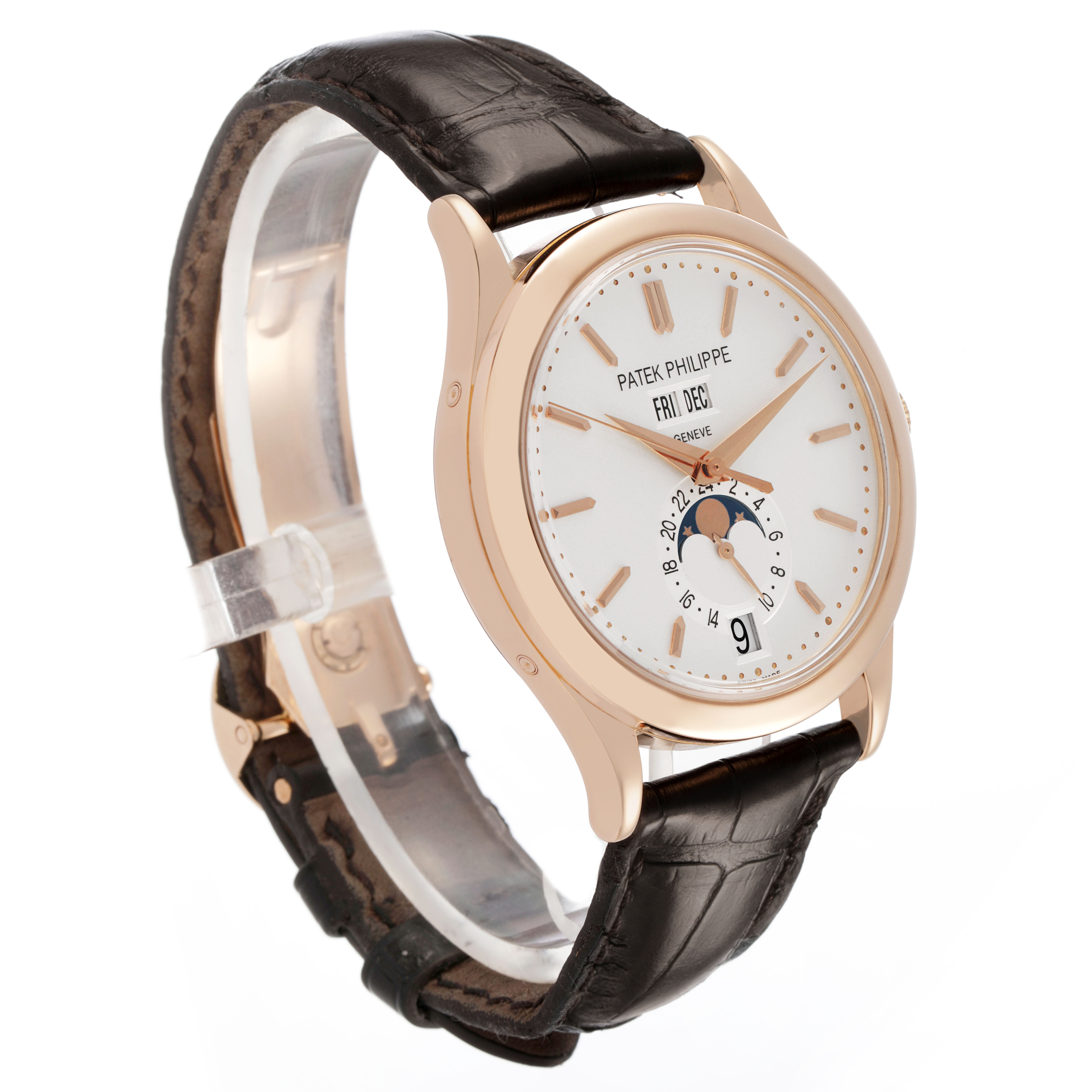 The Patek Philippe Complications 5396R-001 Men's Rose Gold Silver Dial watch is shown at a slight side angle, highlighting the face, case, and leather strap.