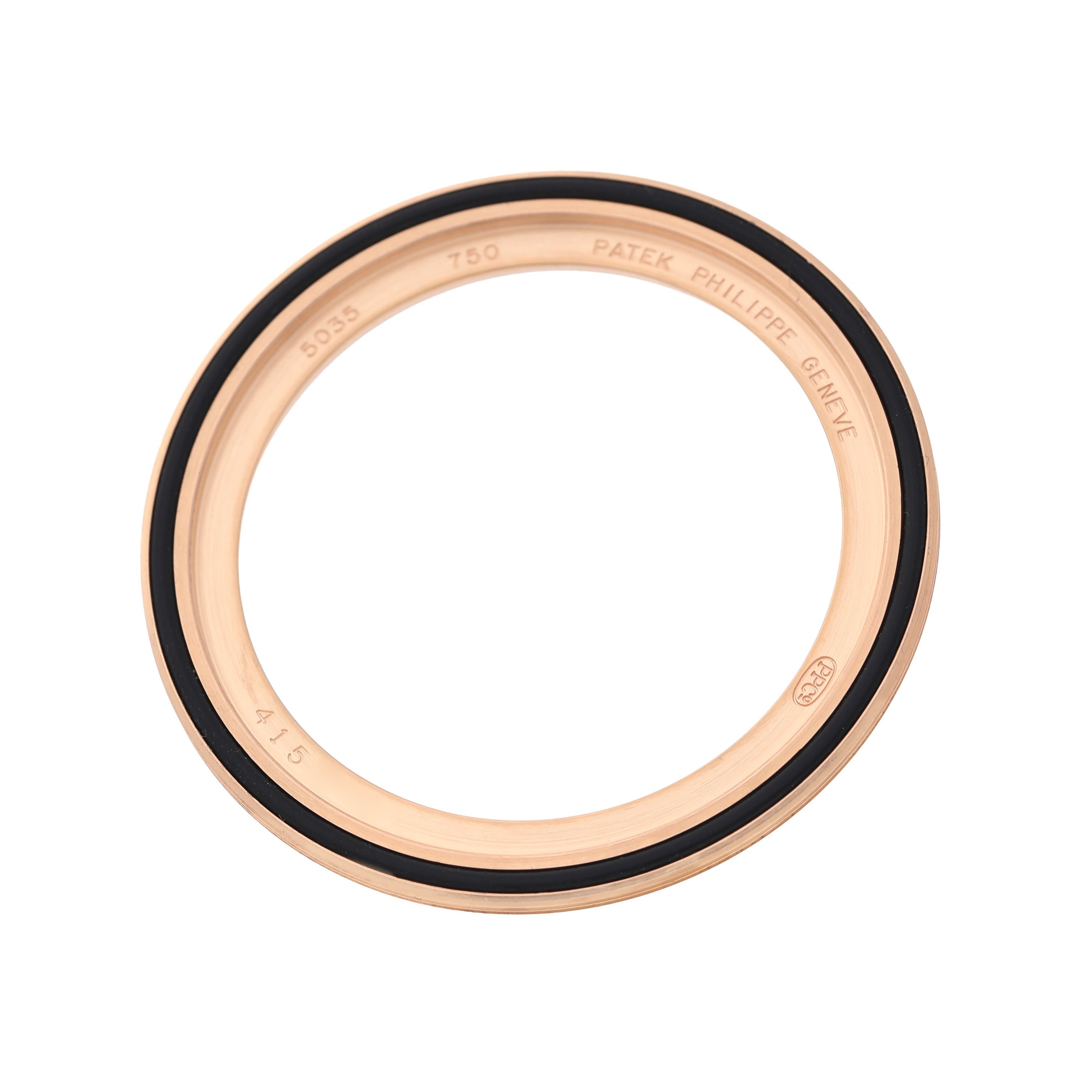The image shows a top-down view of a rose gold bezel of the Patek Philippe Complications 5035R-001 Men's Rose Gold Black Dial watch.