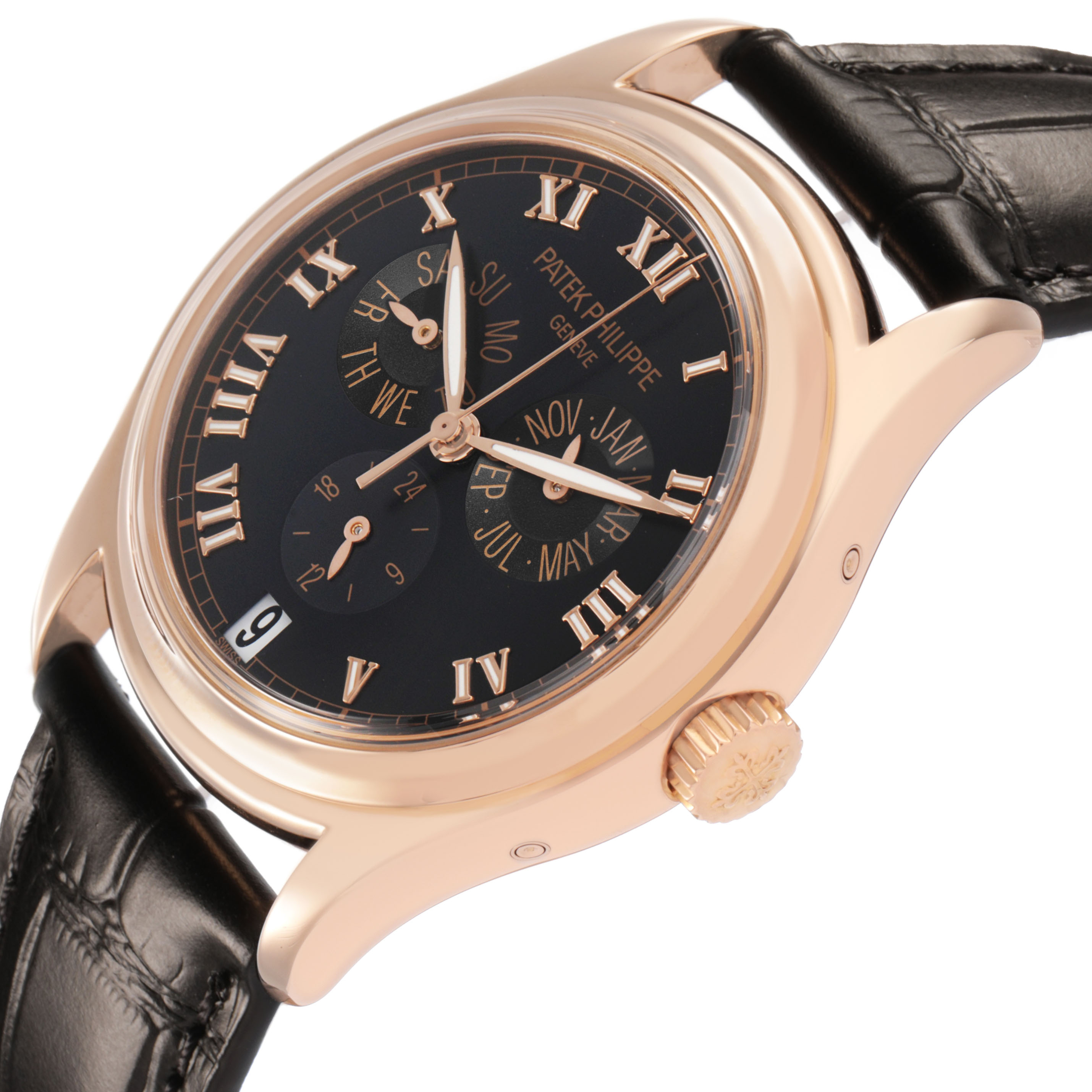 The Patek Philippe Complications 5035R-001 Men's Rose Gold Black Dial watch is shown at an angled view highlighting the dial, crown, and leather strap.