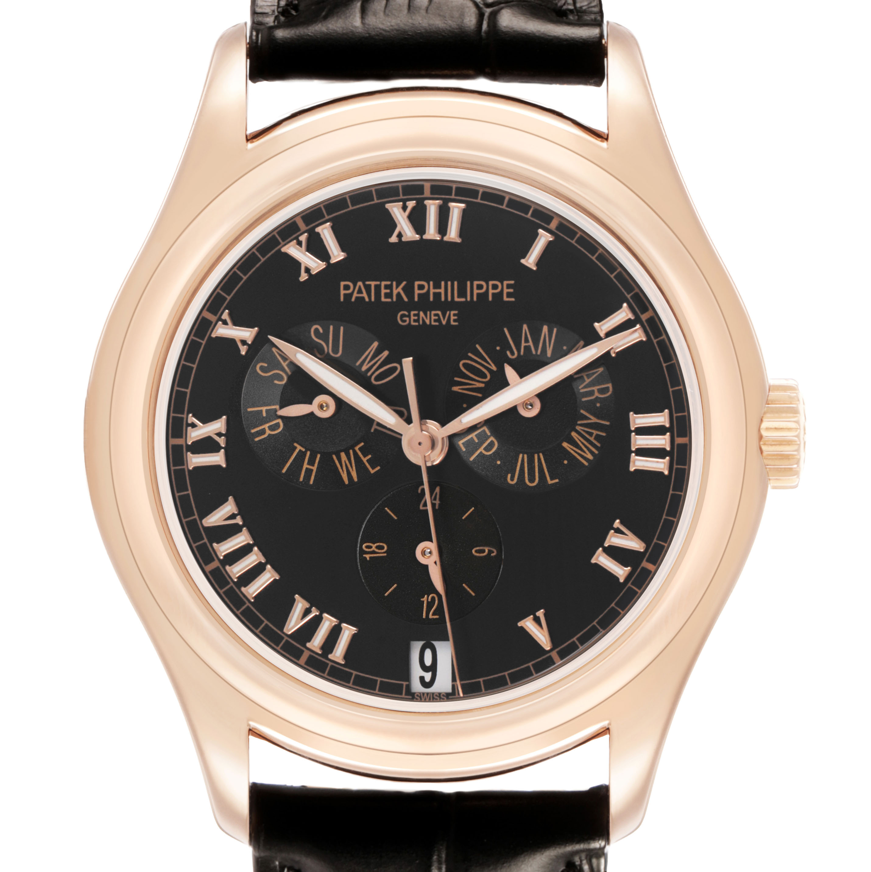 The Patek Philippe Complications 5035R-001 Men's Rose Gold Black Dial watch is shown from the front, displaying its dial, hands, and calendar features.
