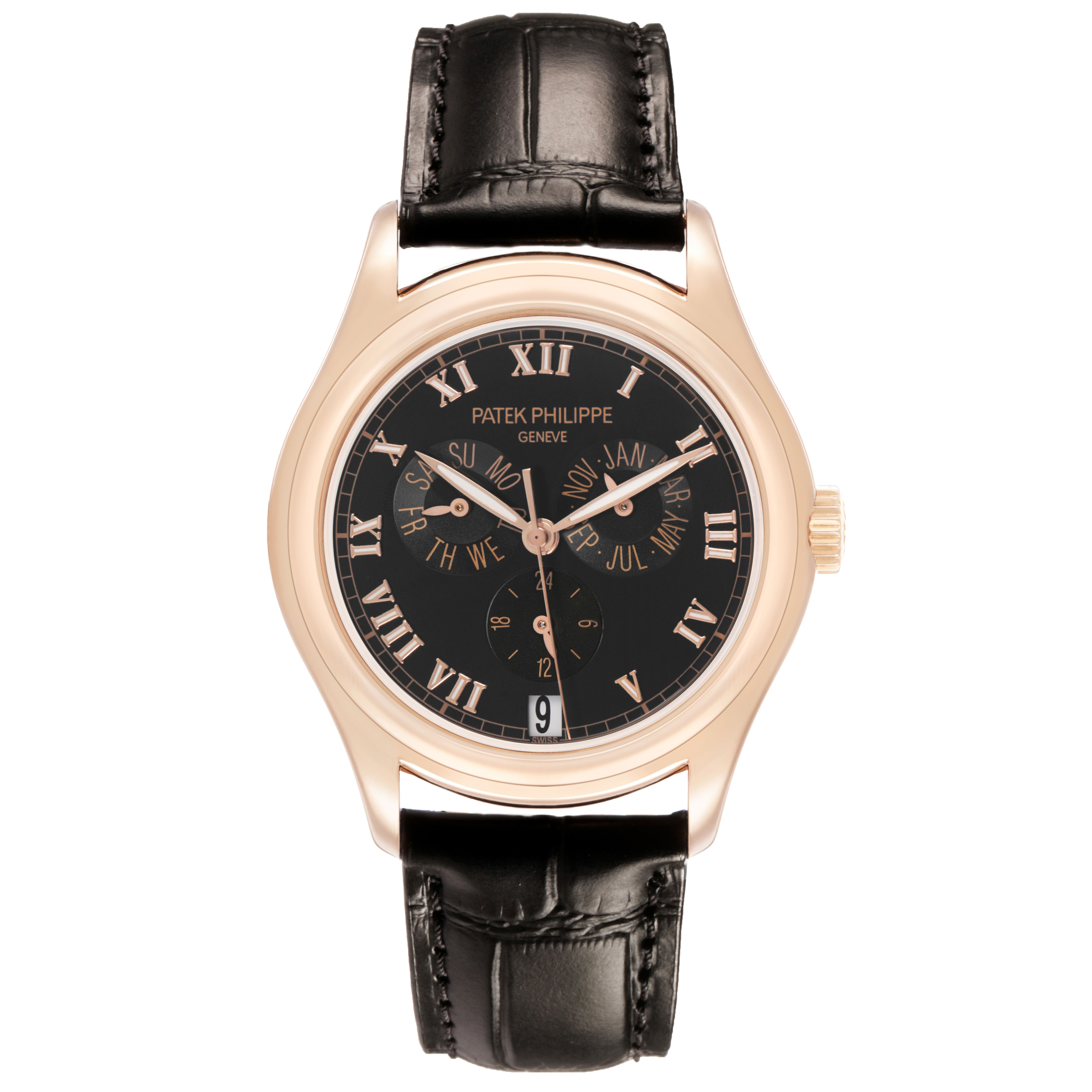 The Patek Philippe Complications 5035R-001 Men's Rose Gold Black Dial watch is shown from a straight-on angle, highlighting the dial, hands, and strap.