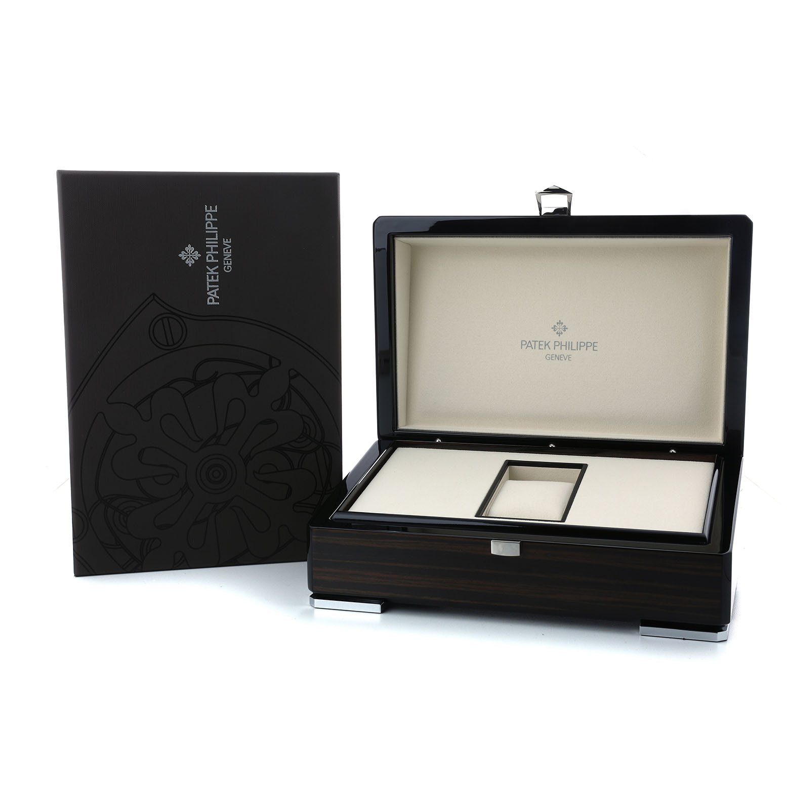 The image shows the box and packaging of a Patek Philippe Complications 5035R-001 Men's Rose Gold Black Dial watch, with the box open and the logo visible.