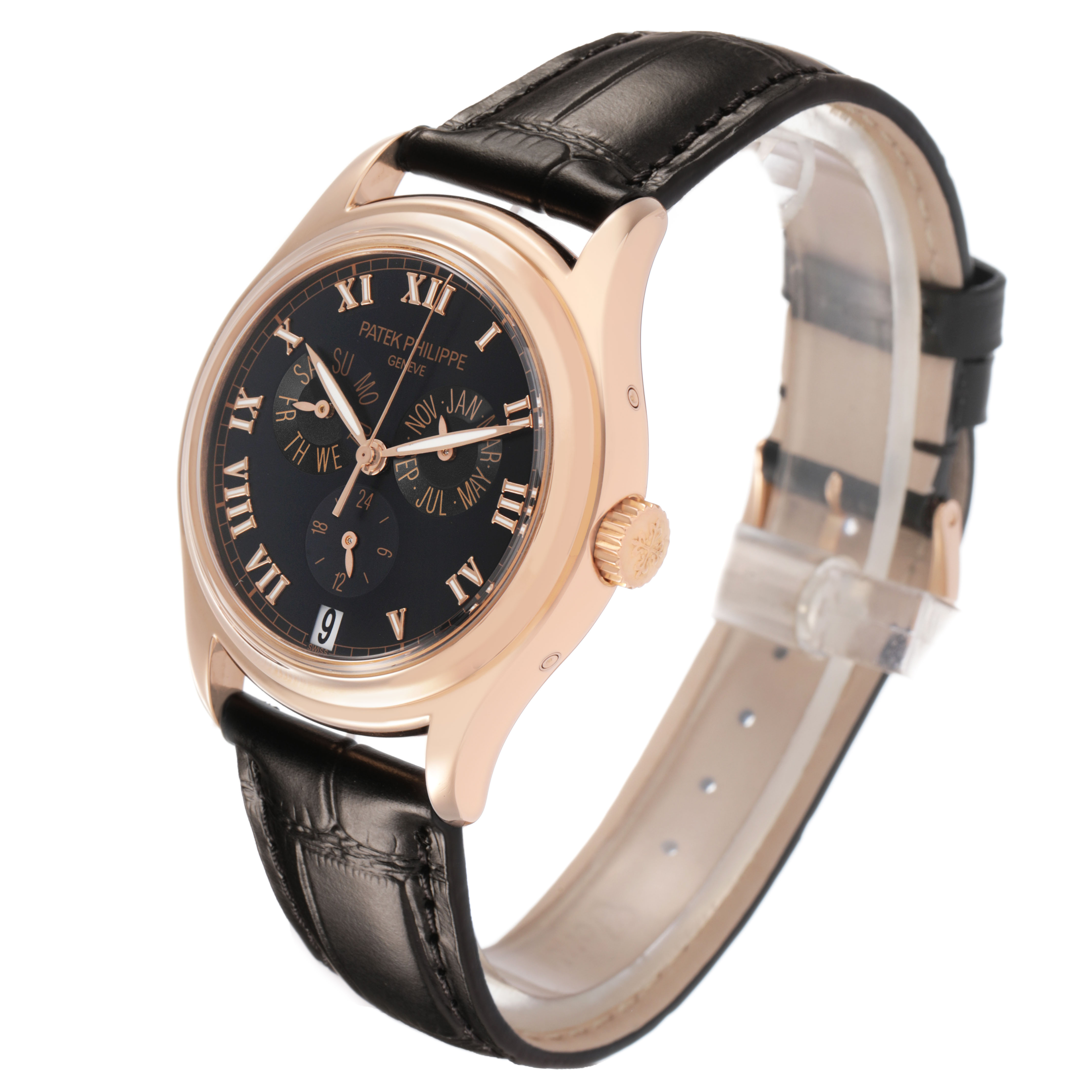 The Patek Philippe Complications 5035R-001 Men's Rose Gold Black Dial watch is shown at a three-quarter angle, highlighting its face, bezel, crown, and leather strap.