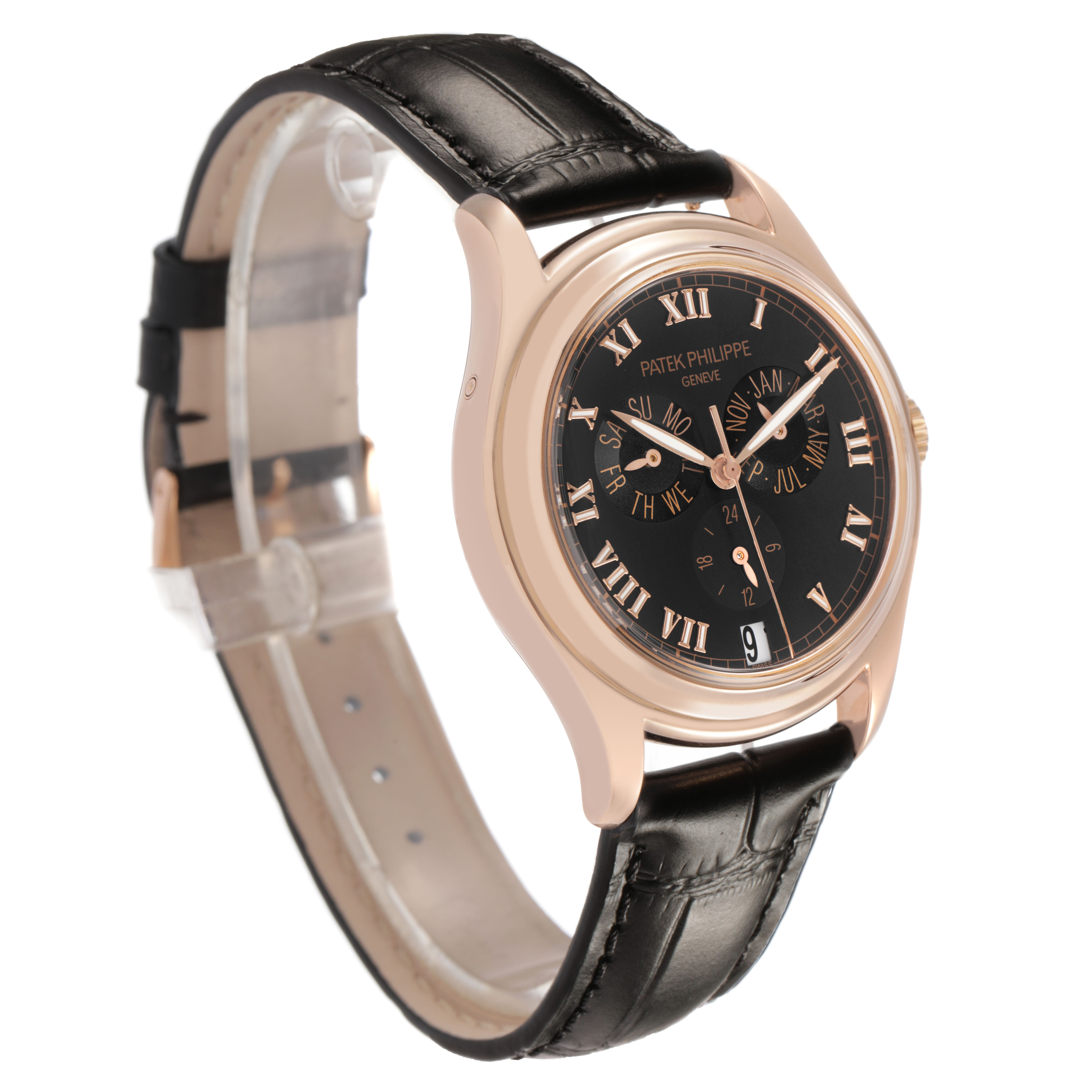 The Patek Philippe Complications 5035R-001 Men's Rose Gold Black Dial watch is shown at a three-quarter angle, highlighting the dial, bezel, and leather strap.