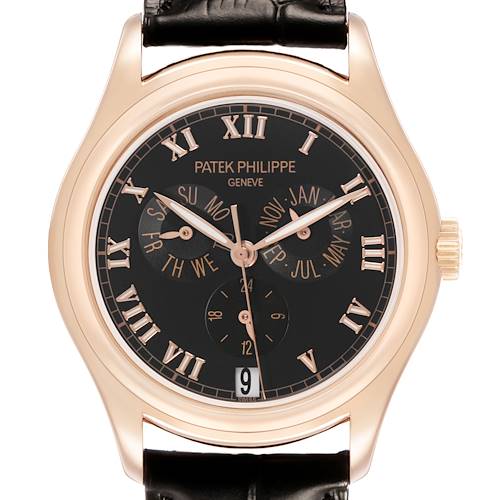 The Patek Philippe Complications 5035R-001 Men's Rose Gold Black Dial watch is shown from the front, displaying the dial, case, and crown with clear visibility of the subdials.