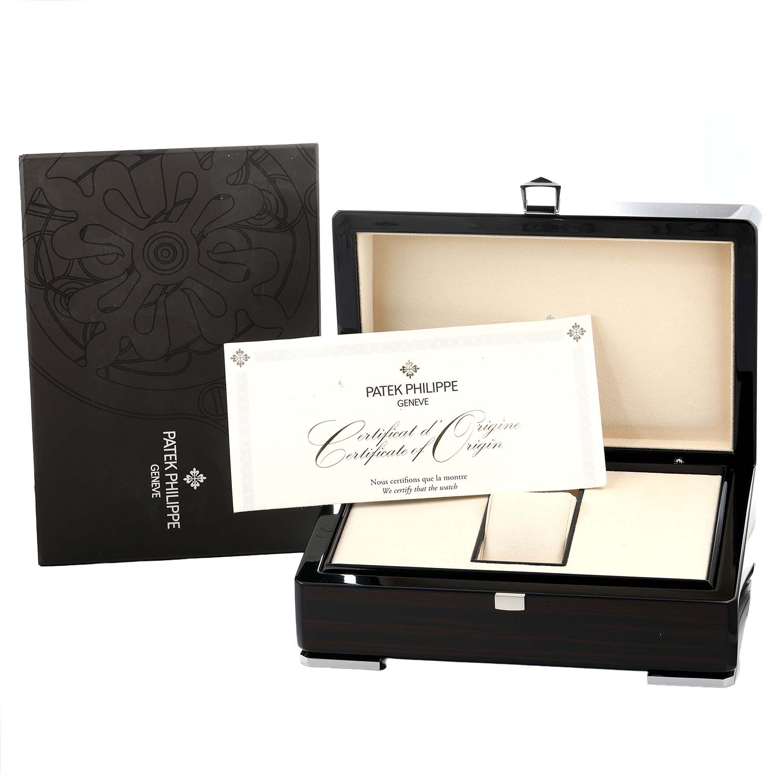 The image shows a Patek Philippe Complications 5205G-013 Men
s White Gold Blue Dial watch box, certificate, and packaging from a front angle.