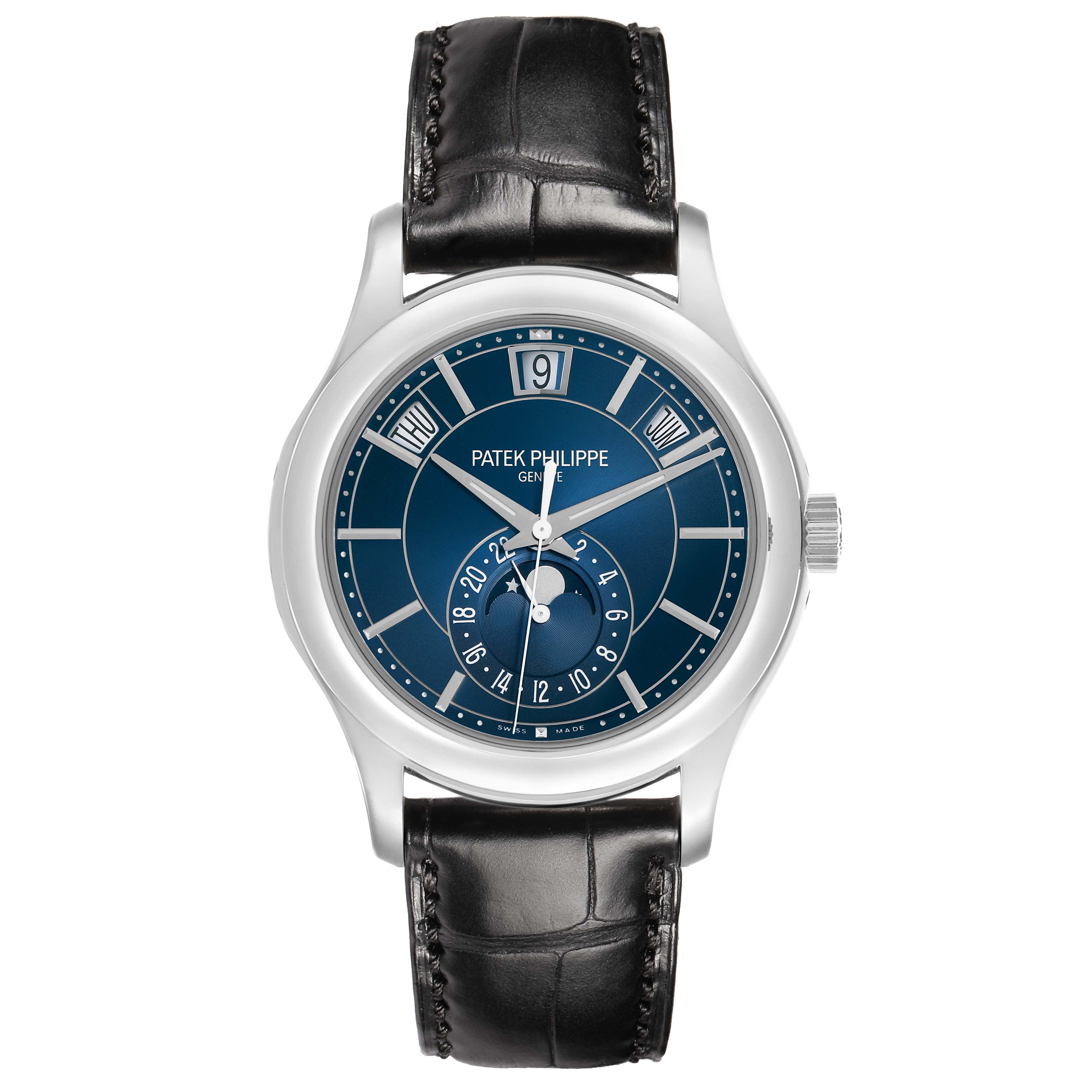 The Patek Philippe Complications 5205G-013 Men
s White Gold Blue Dial model is shown from a front angle, displaying the face, dial, case, and strap.