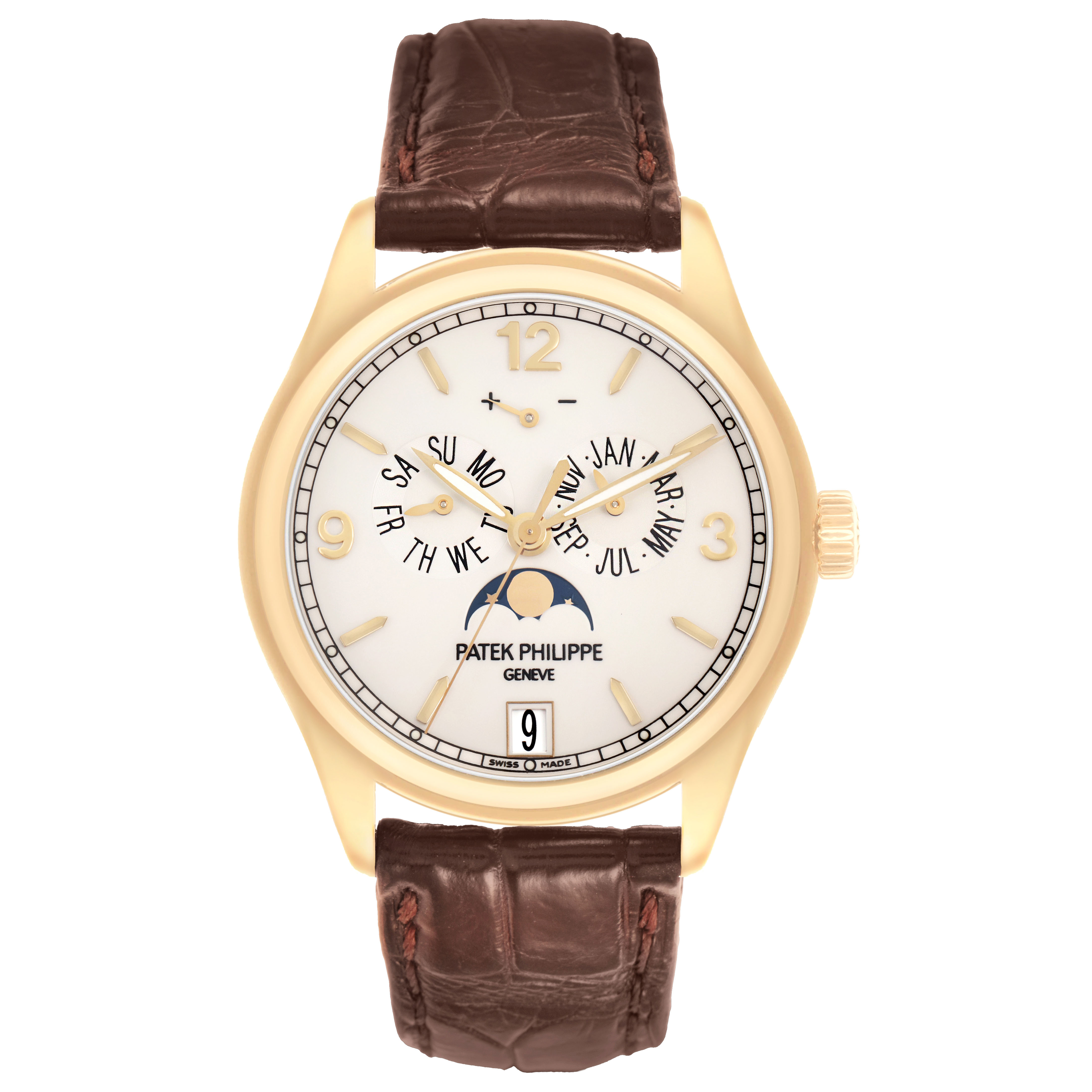 The Patek Philippe Complications 5146J-001 Men's Yellow Gold Beige Dial watch is shown from the front, displaying the dial, hands, calendar, and moon phase.