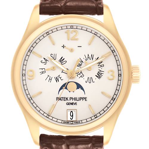 The Patek Philippe Complications 5146J-001 Men's Yellow Gold Beige Dial watch is shown from a front angle, featuring its dial, hands, and calendar markers.