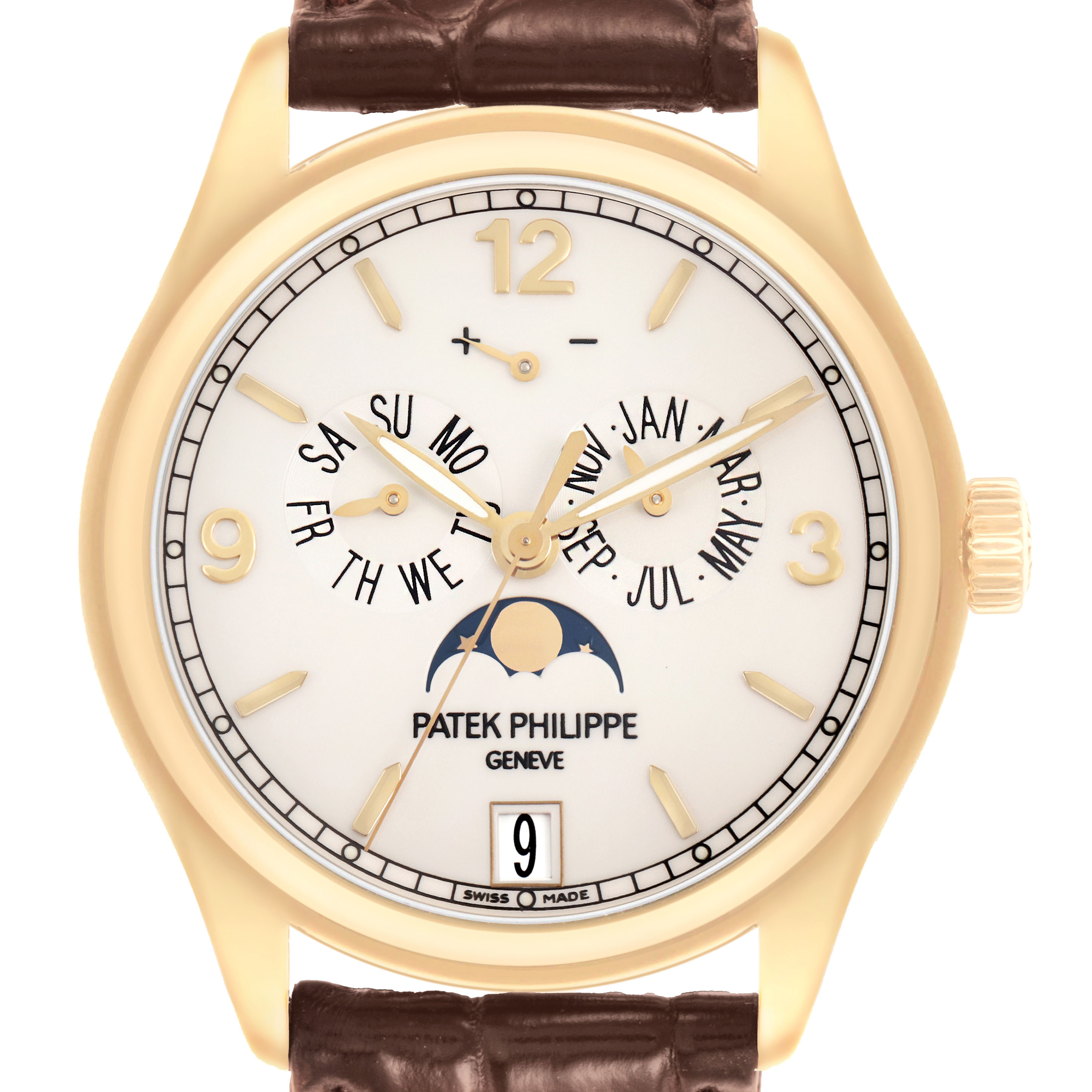 The Patek Philippe Complications 5146J-001 Men's Yellow Gold Beige Dial watch is shown from the front, displaying its dial, hands, numerals, and complications.