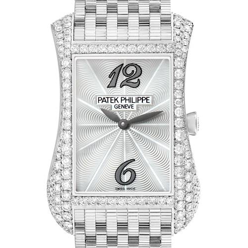 The image shows a frontal view of the Patek Philippe Gondolo 4972/1G-001 Women's White Gold Mother of Pearl Dial watch, highlighting the face, bezel, and bracelet detail.