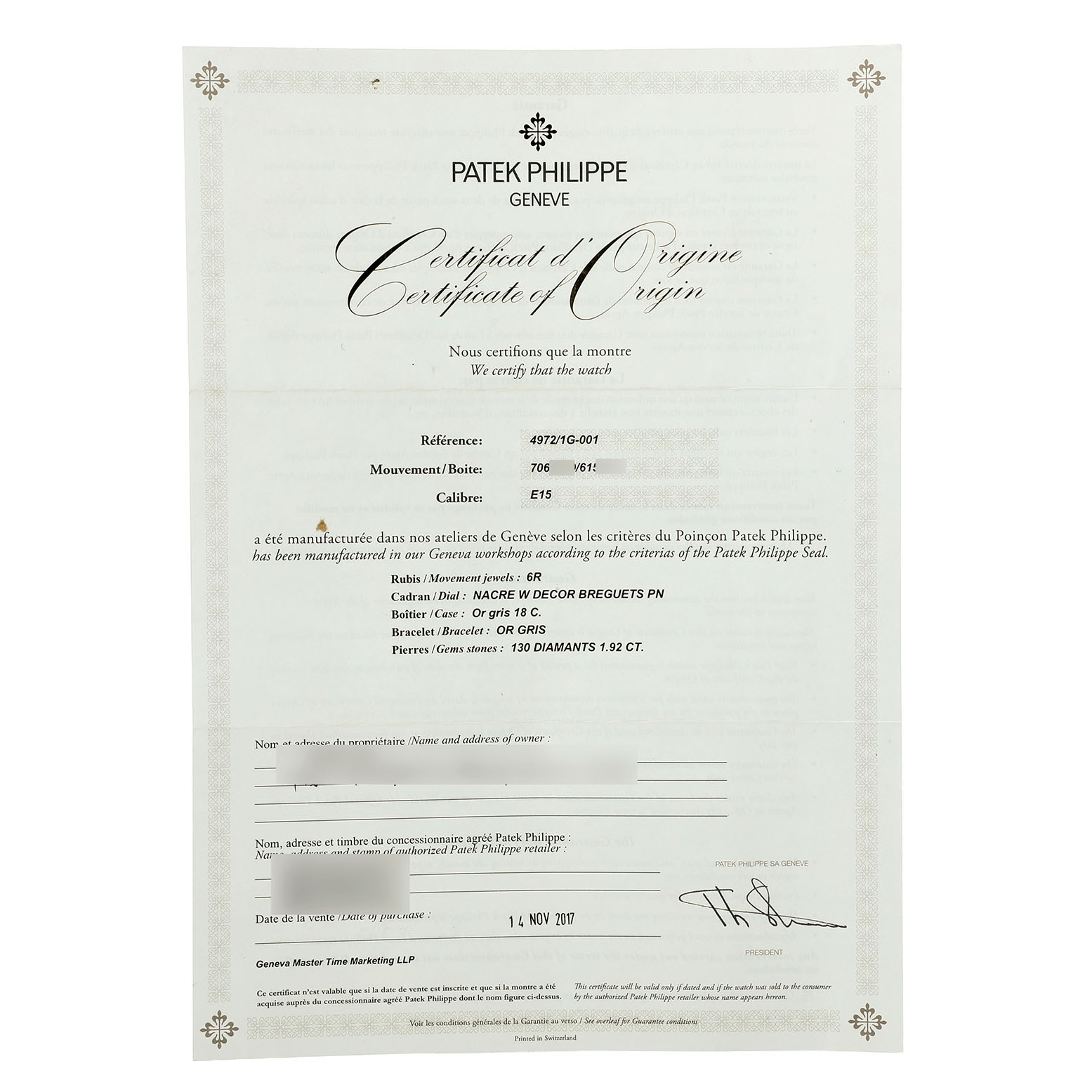 The image shows a Patek Philippe Gondolo 4972/1G-001 Women's White Gold Mother of Pearl Dial model's Certificate of Origin.