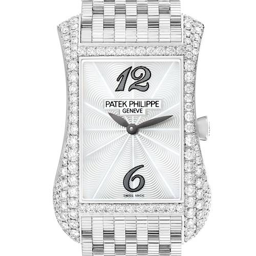 The Patek Philippe Gondolo 4972/1G-001 Women's White Gold Mother of Pearl Dial watch is shown from a frontal angle, highlighting the detailed face and diamond-encrusted bezel.