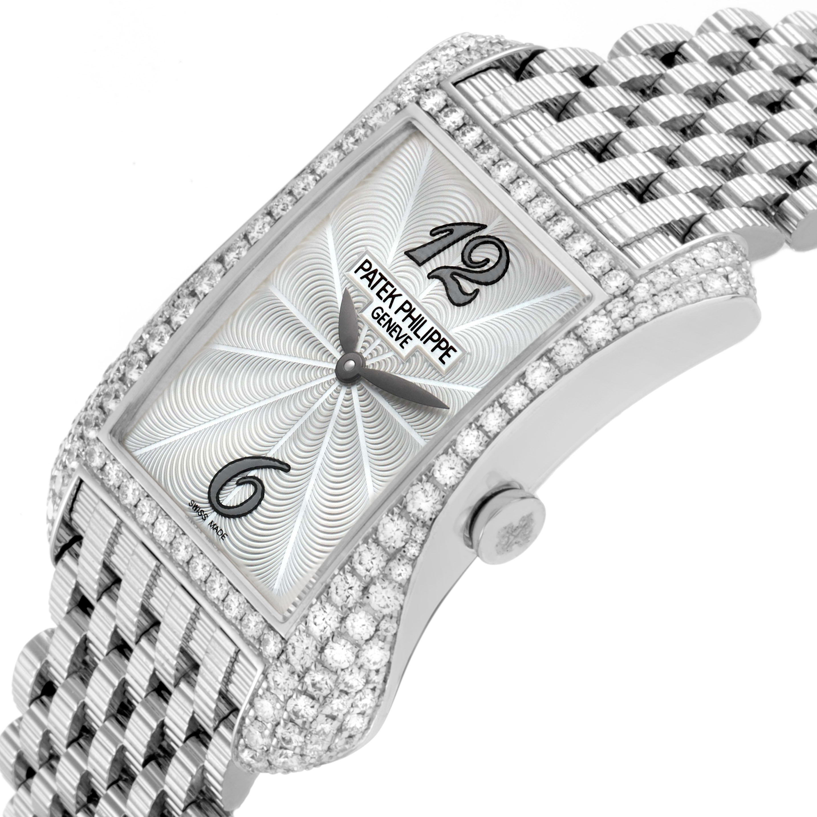 The Patek Philippe Gondolo 4972/1G-001 Women's White Gold Mother of Pearl Dial watch is shown from a side angle, highlighting the dial, crown, diamond bezel, and bracelet.