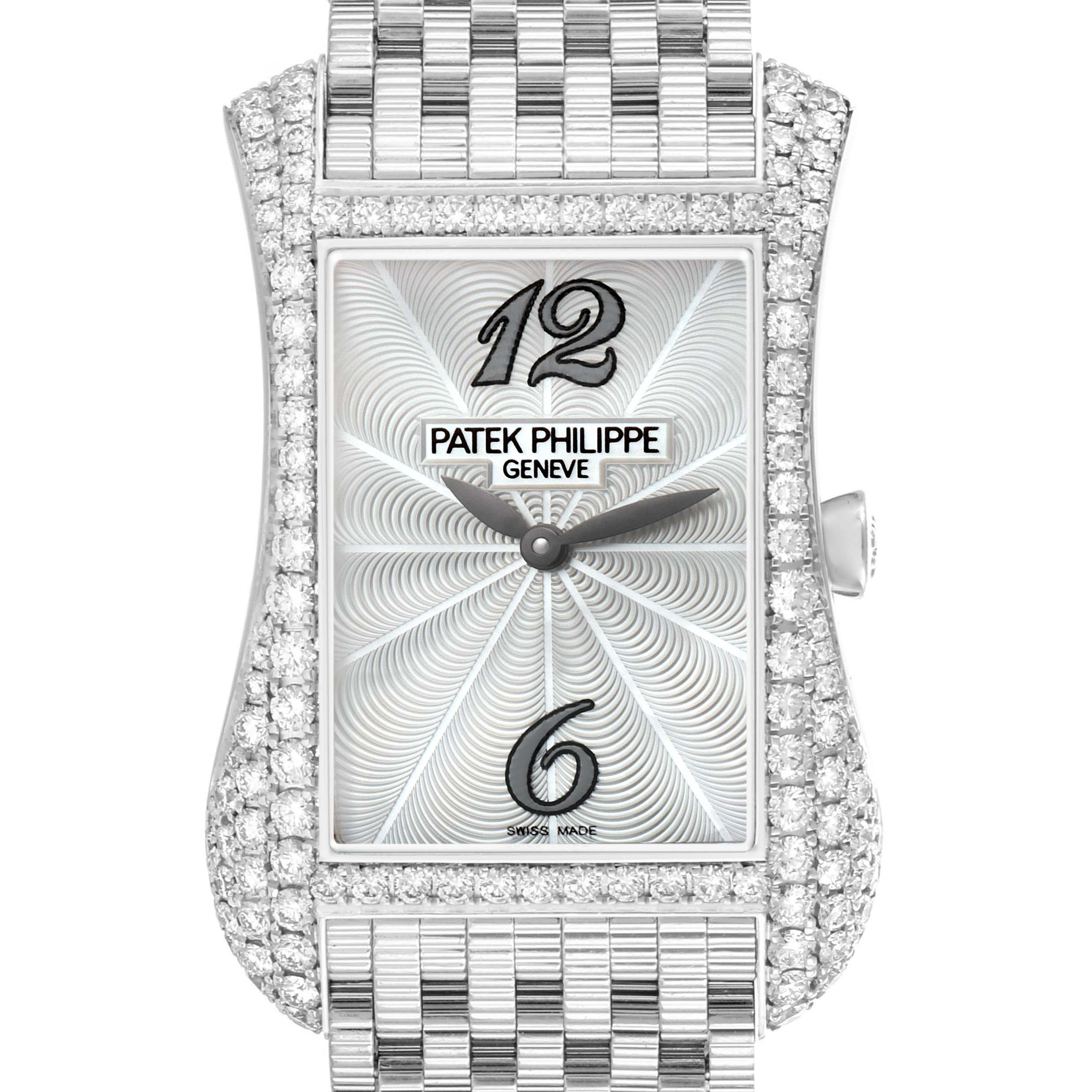 The Patek Philippe Gondolo 4972/1G-001 Women's White Gold Mother of Pearl Dial watch is shown from the front, highlighting the silver dial, diamond-accented case, and part of the bracelet.