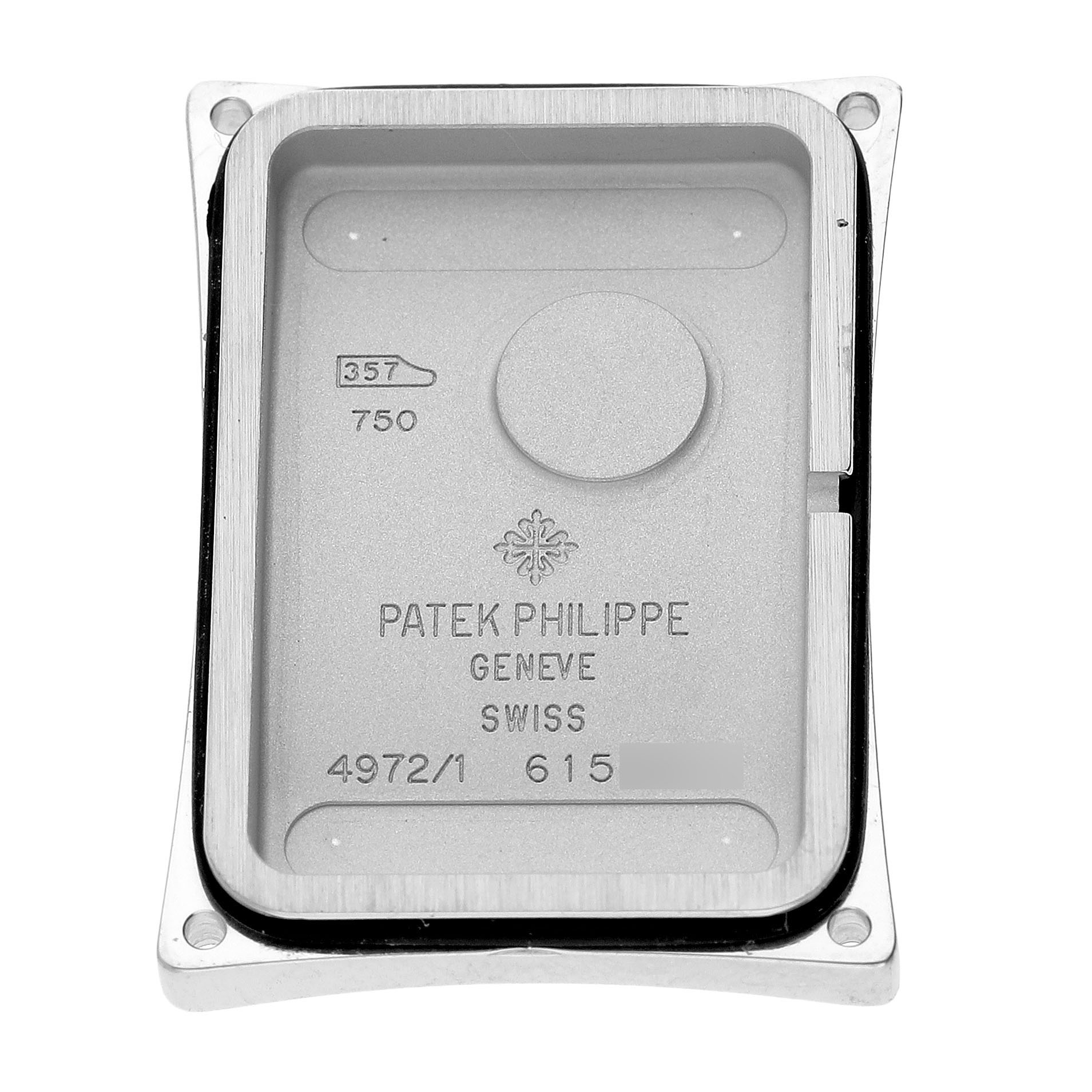 The image shows the case back of a Patek Philippe Gondolo 4972/1G-001 Women's White Gold Mother of Pearl Dial watch, featuring engravings and hallmarks.