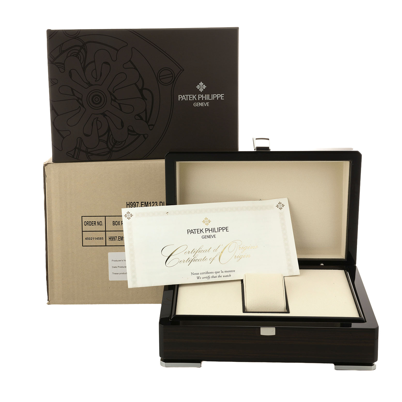 The image shows the Patek Philippe Gondolo 4972/1G-001 Women's White Gold Mother of Pearl Dial watch's box, outer packaging, and certificate of origin.
