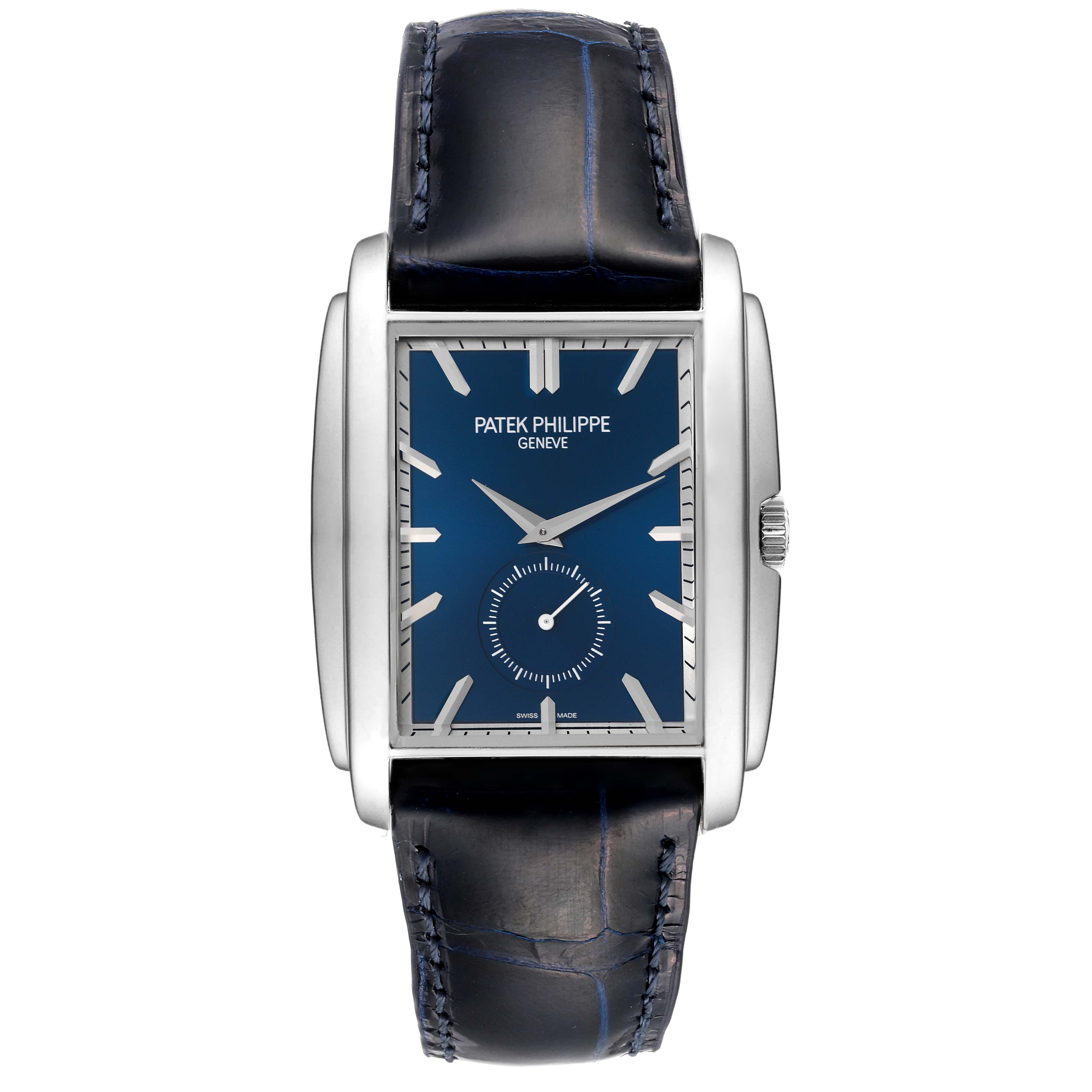 The image shows a front view of the Patek Philippe Gondolo 5124G Men's White Gold Blue Dial 5124G Men's White Gold Blue Dial watch, highlighting the blue dial, rectangular case, and leather strap.