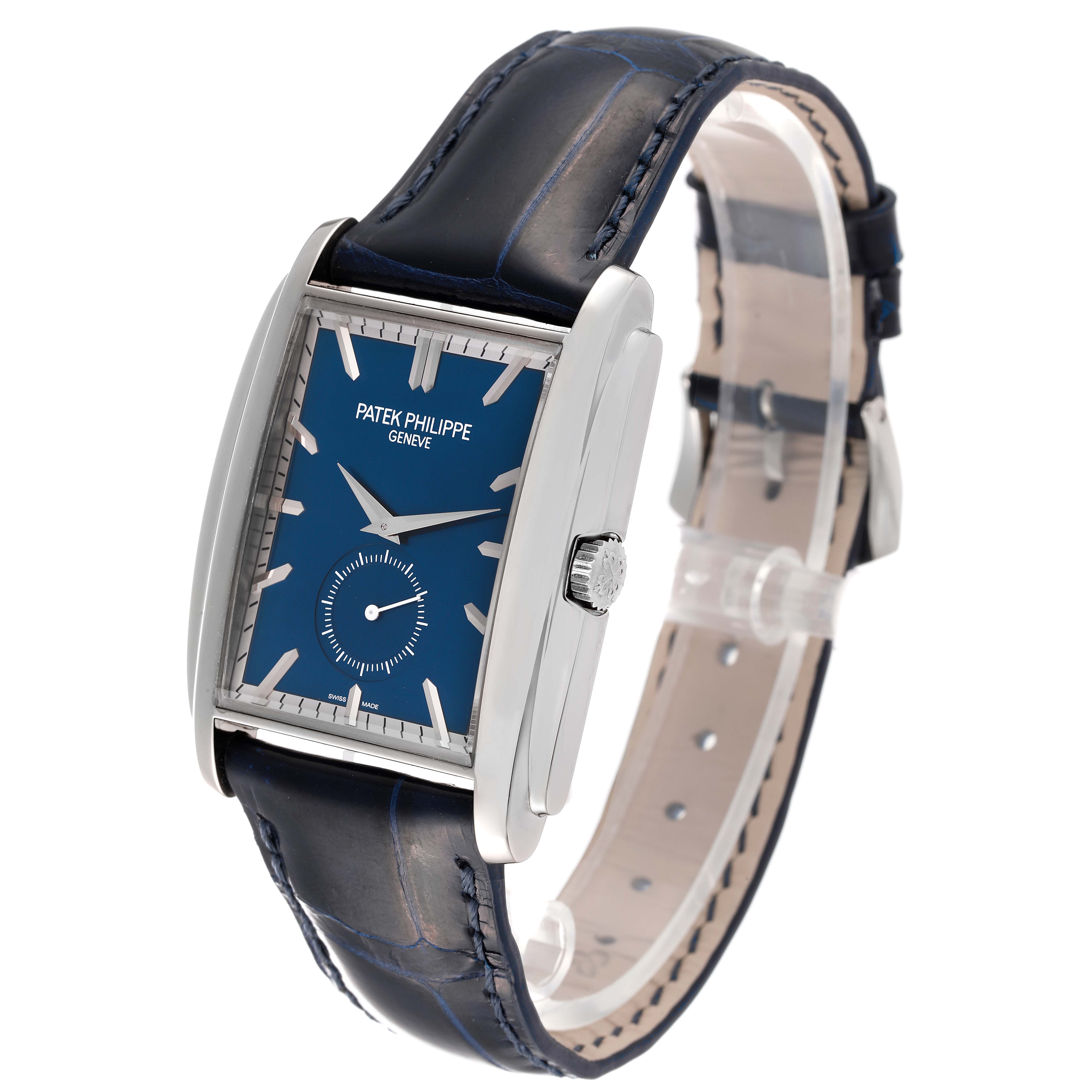 This image of the Patek Philippe Gondolo 5124G Men's White Gold Blue Dial 5124G Men's White Gold Blue Dial watch shows the front and side angles, featuring its face, crown, and leather strap.