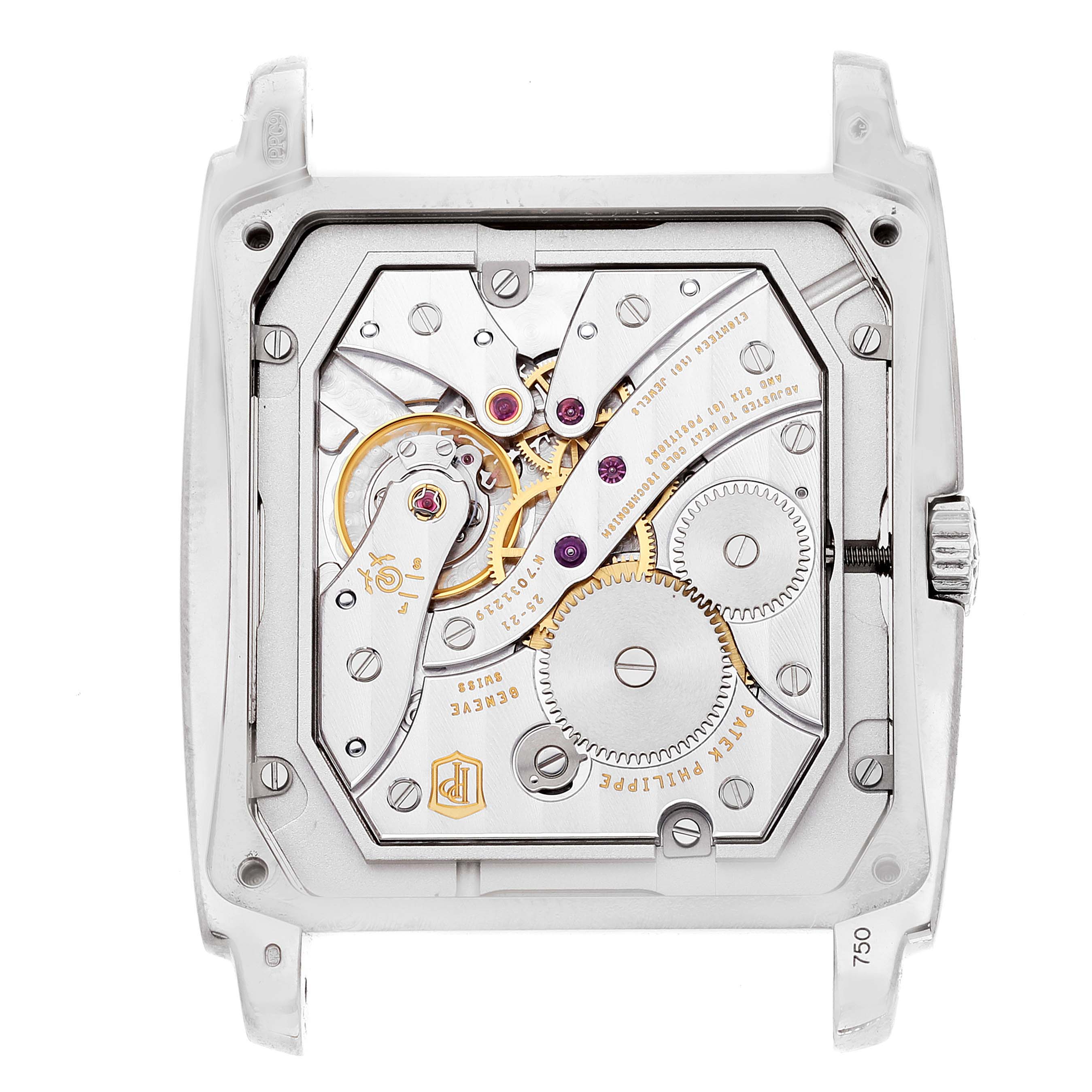 This image shows the intricate movement and internal mechanism of the Patek Philippe Gondolo 5124G Men's White Gold Blue Dial 5124G Men's White Gold Blue Dial watch from a back angle.