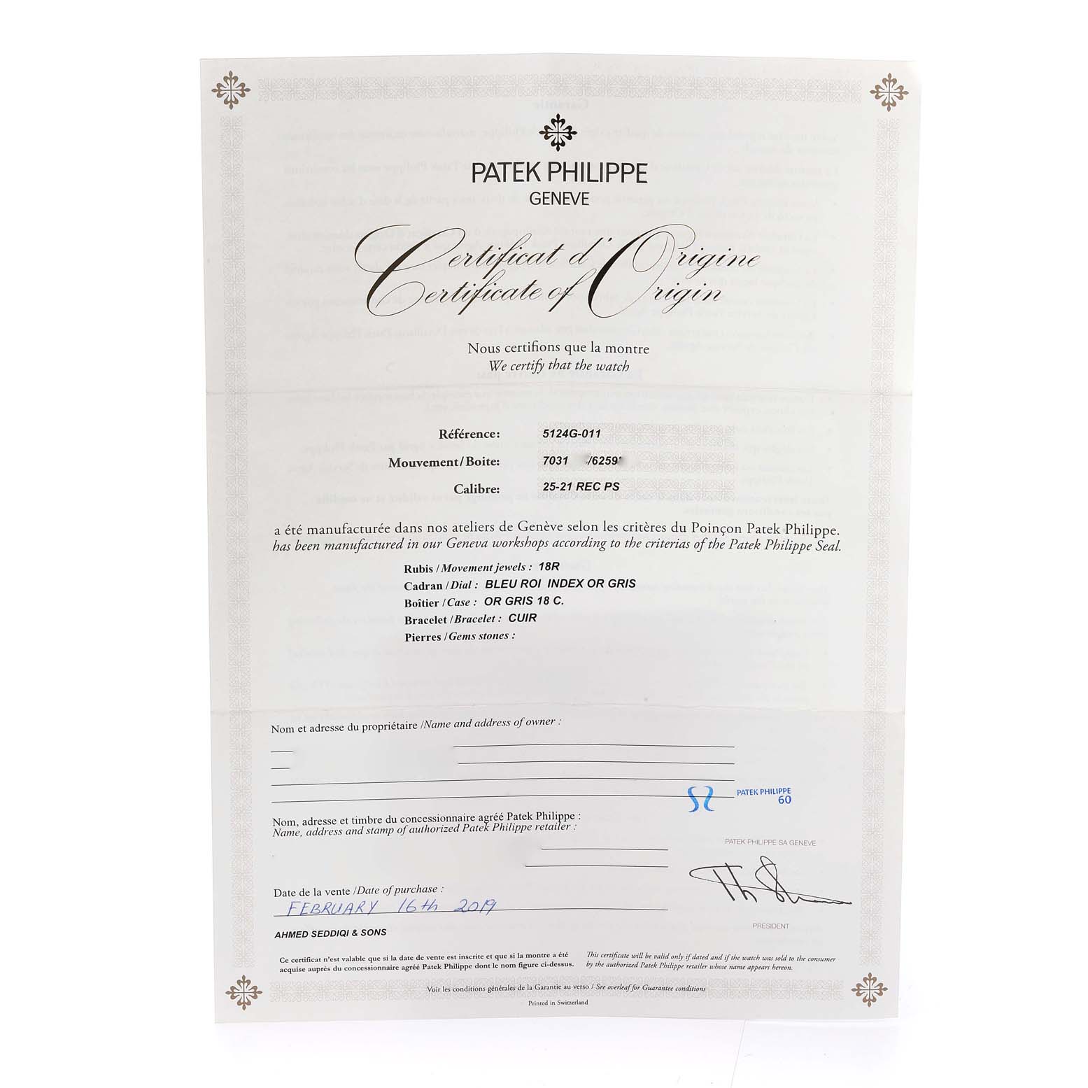 The image shows a Patek Philippe Certificate of Origin for the Gondolo model.