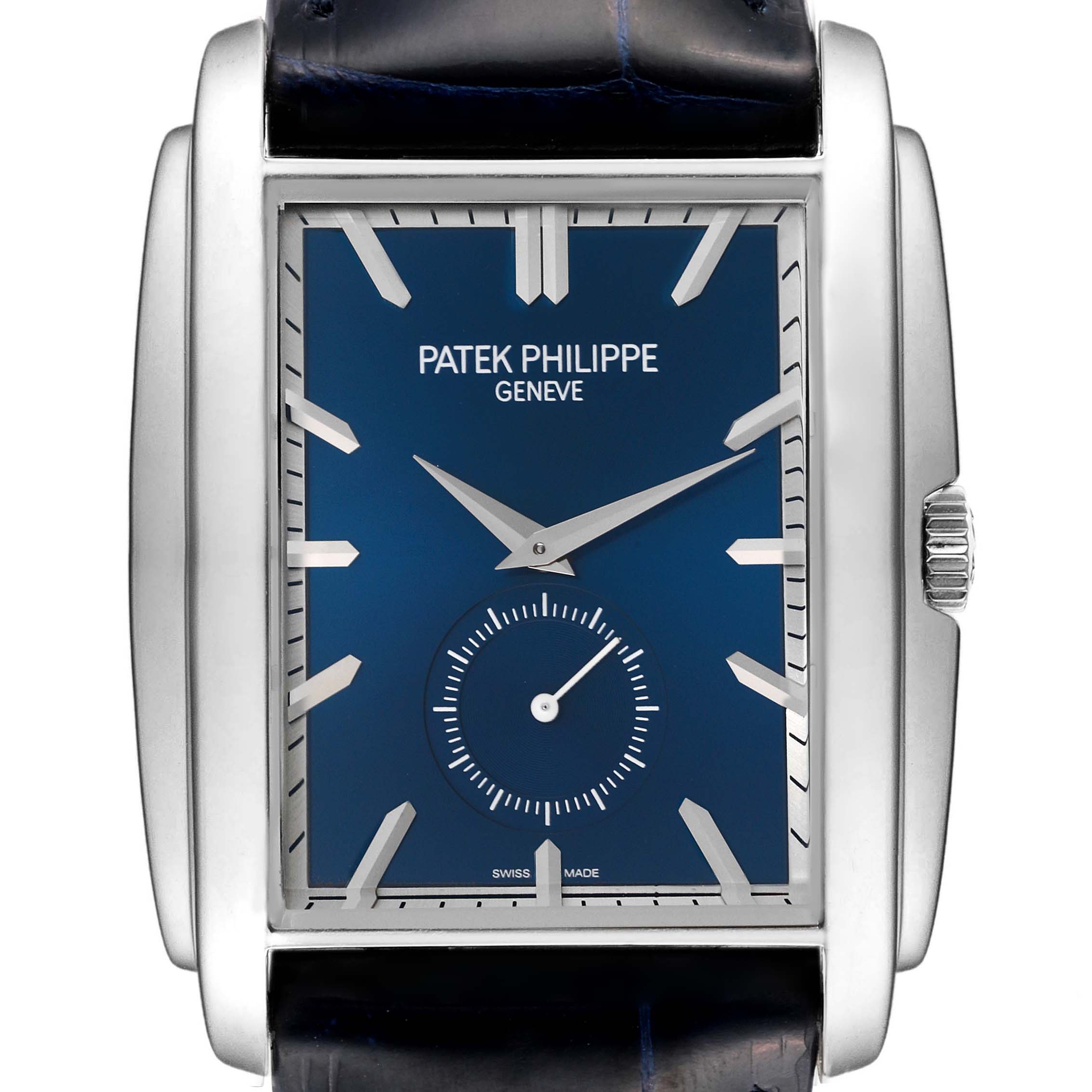 This image shows a front view of the Patek Philippe Gondolo 5124G Men's White Gold Blue Dial 5124G Men's White Gold Blue Dial watch, displaying its rectangular blue dial and silver indices.