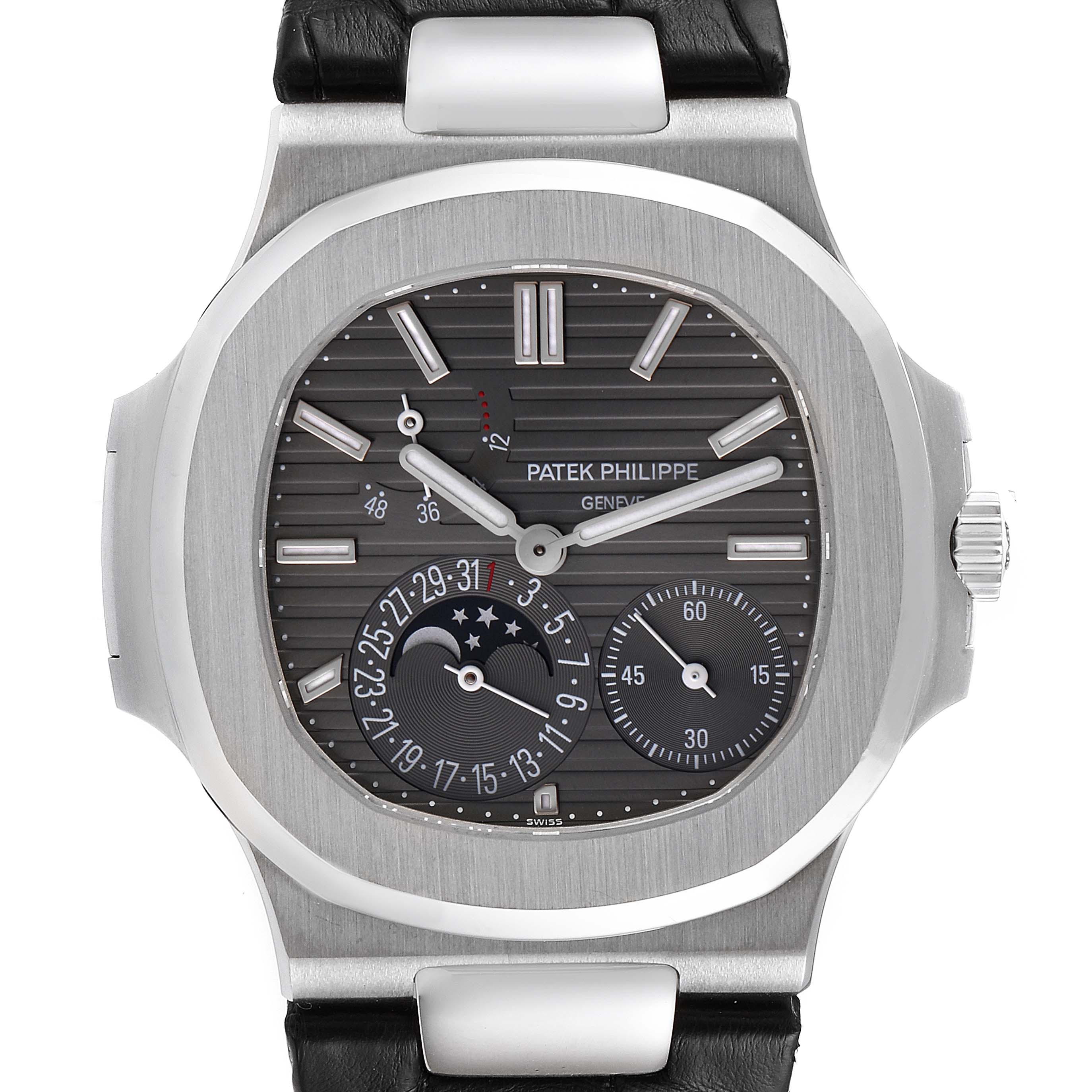 Front view of the Patek Philippe Nautilus 5712G/001 Men's White Gold Grey Dial 5712G/001 Men's White Gold Grey Dial watch showing the face, crown, and strap attachment.