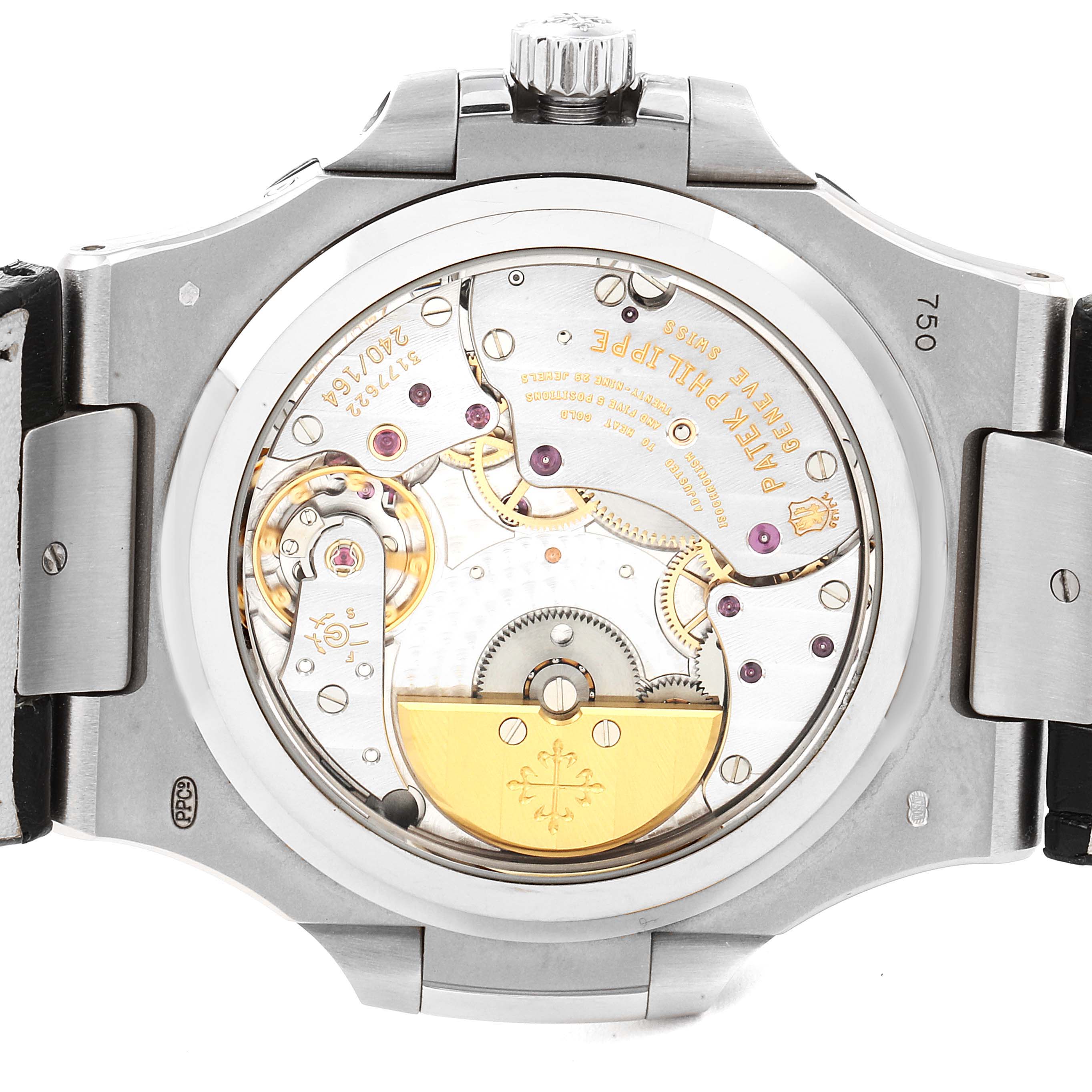 The image shows the back view of the movement mechanism of a Patek Philippe Nautilus 5712G/001 Men's White Gold Grey Dial 5712G/001 Men's White Gold Grey Dial watch.