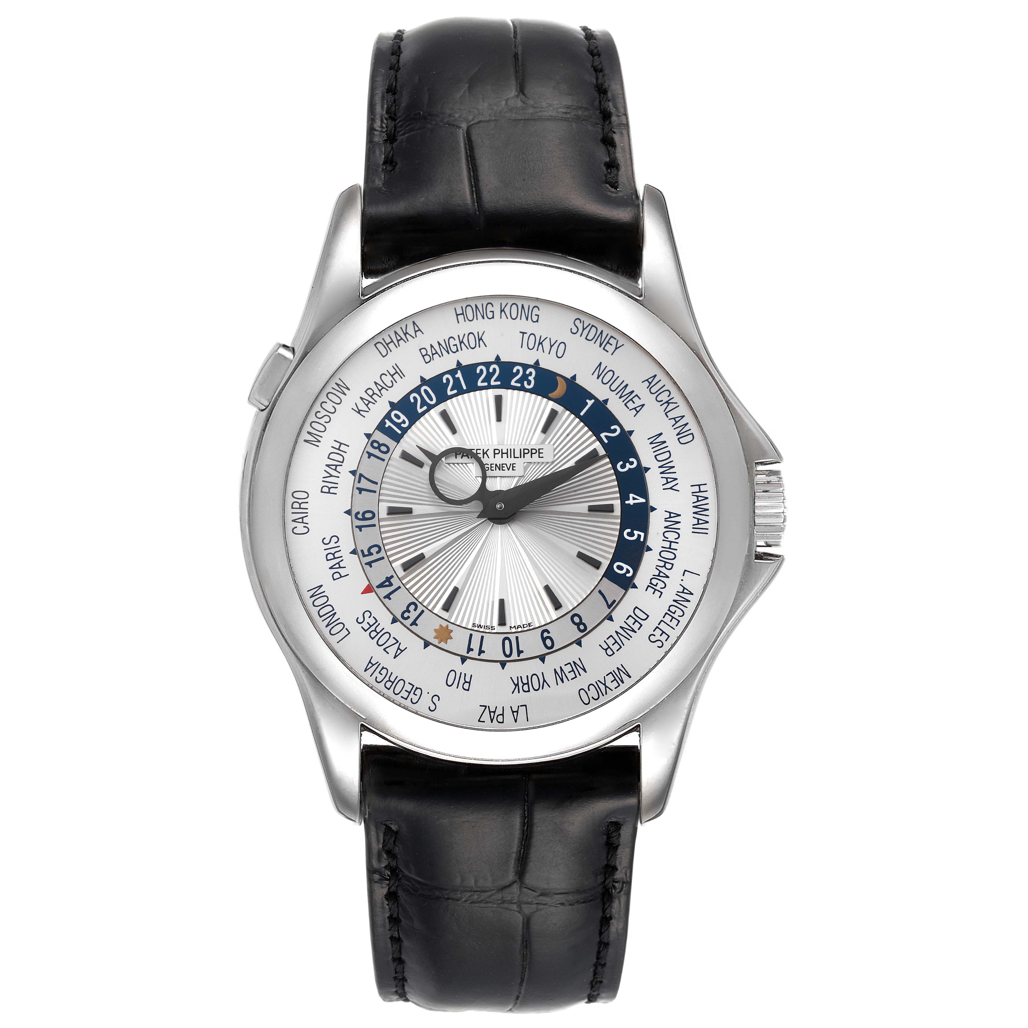 This image shows a top-down view of a Patek Philippe Complications 5130G-019 Men's White Gold Silver Dial 5130G-019 Men's White Gold Silver Dial watch, displaying the face, bezel, and strap.