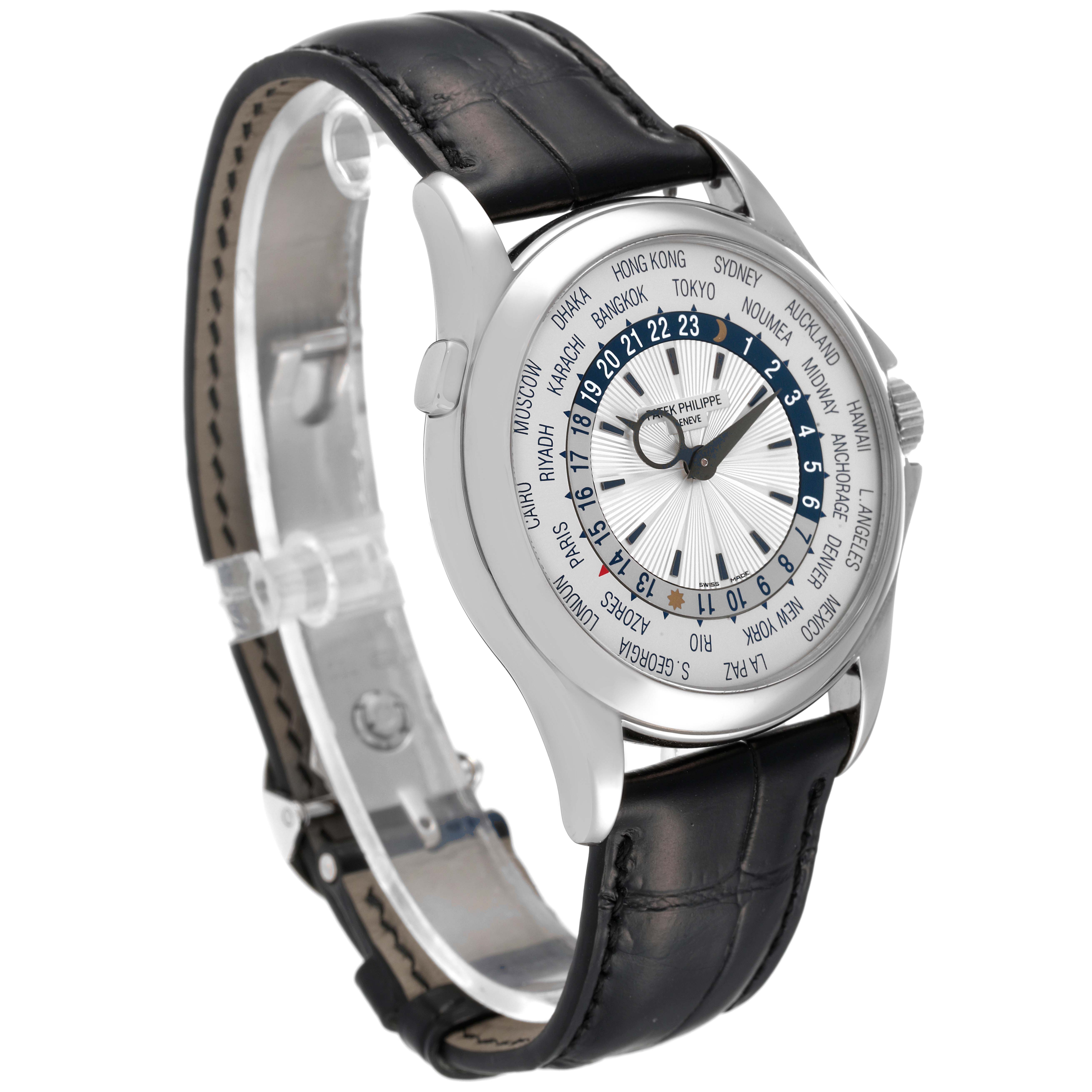 The Patek Philippe Complications 5130G-019 Men's White Gold Silver Dial 5130G-019 Men's White Gold Silver Dial watch is shown at a slight angle, displaying the full face, bezel, and leather strap.